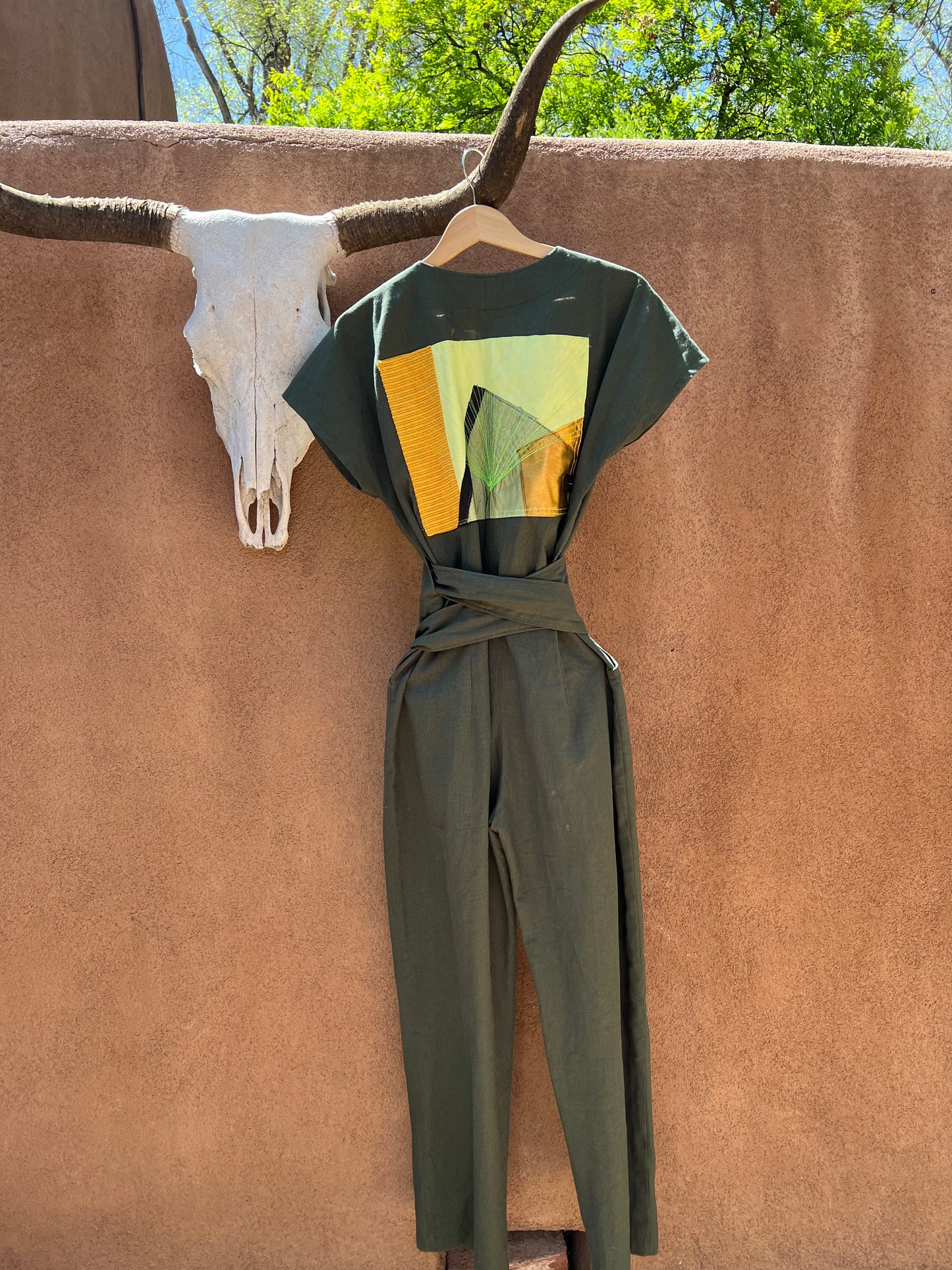 Wrap Jumpsuit- Green Linen- short sleeves