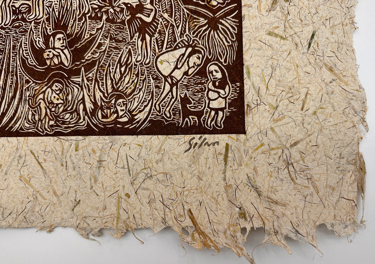 Lino Print ~ corn husk artisanal paper - 13” x 18”