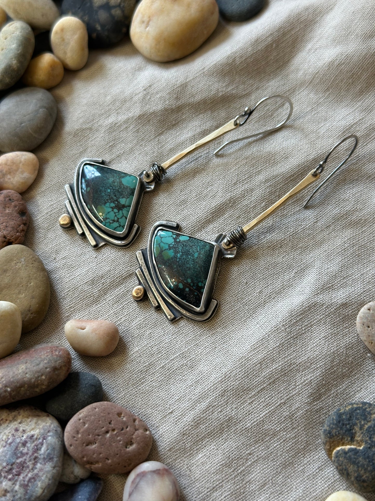 Blue Moon Turquoise Geometric earrings - sterling silver and brass
