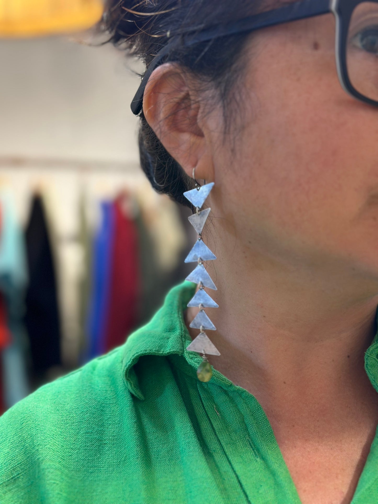 Peridot Triagle Connected dangle earrings - Brass