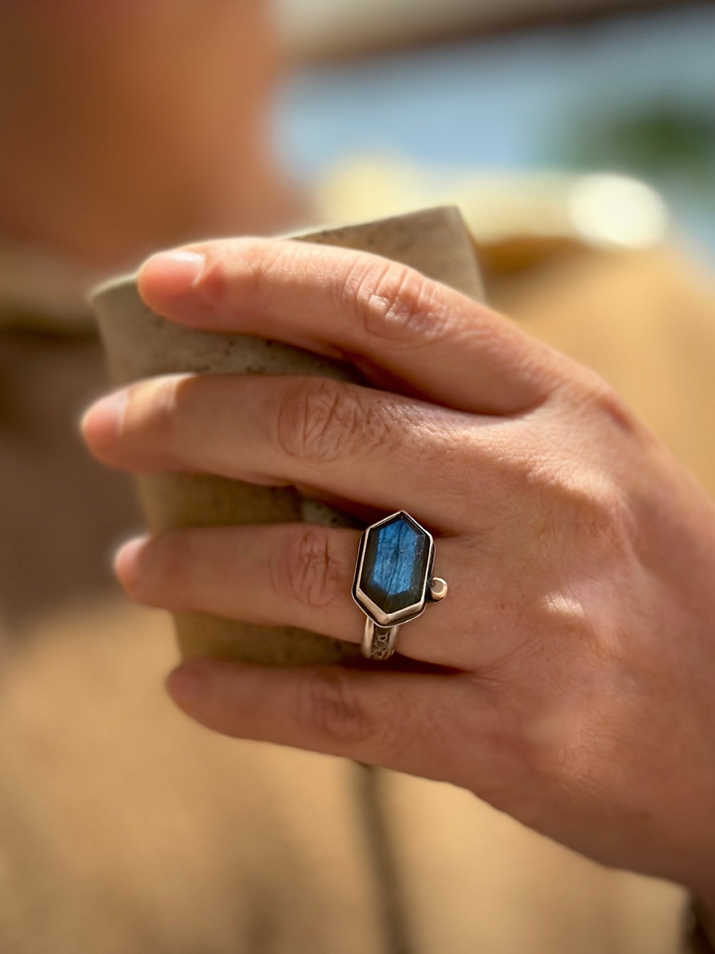 Hexagonal Labradorite and Sterling Silver Ring ~ Size 6.75