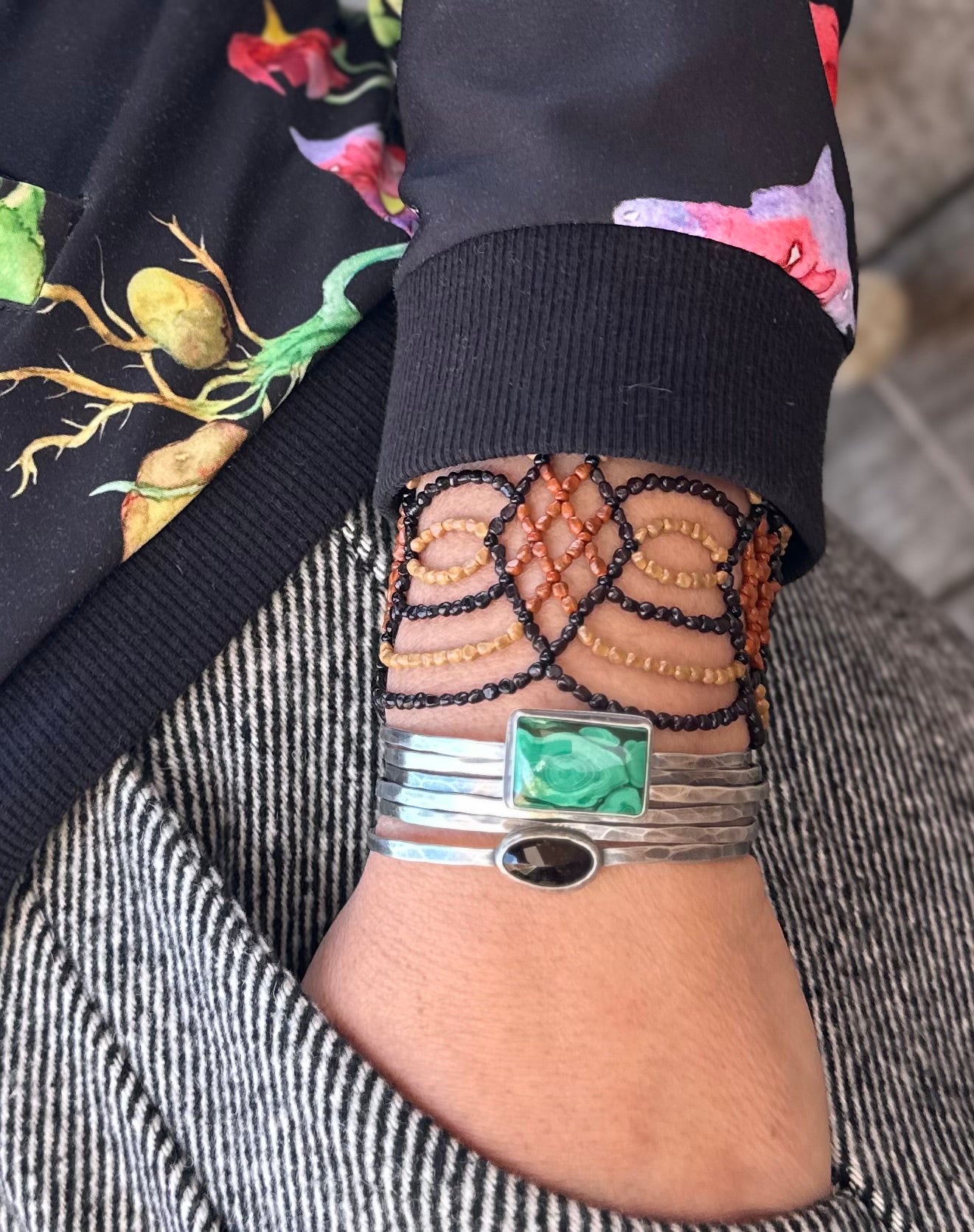 Stacked - Attached Bracelet - Malachite and Black Spinel ~ Cuff with Movement