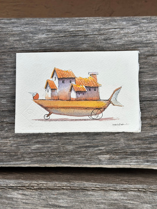 Small Migrantes - Original mixed media - 6 x 8 framed