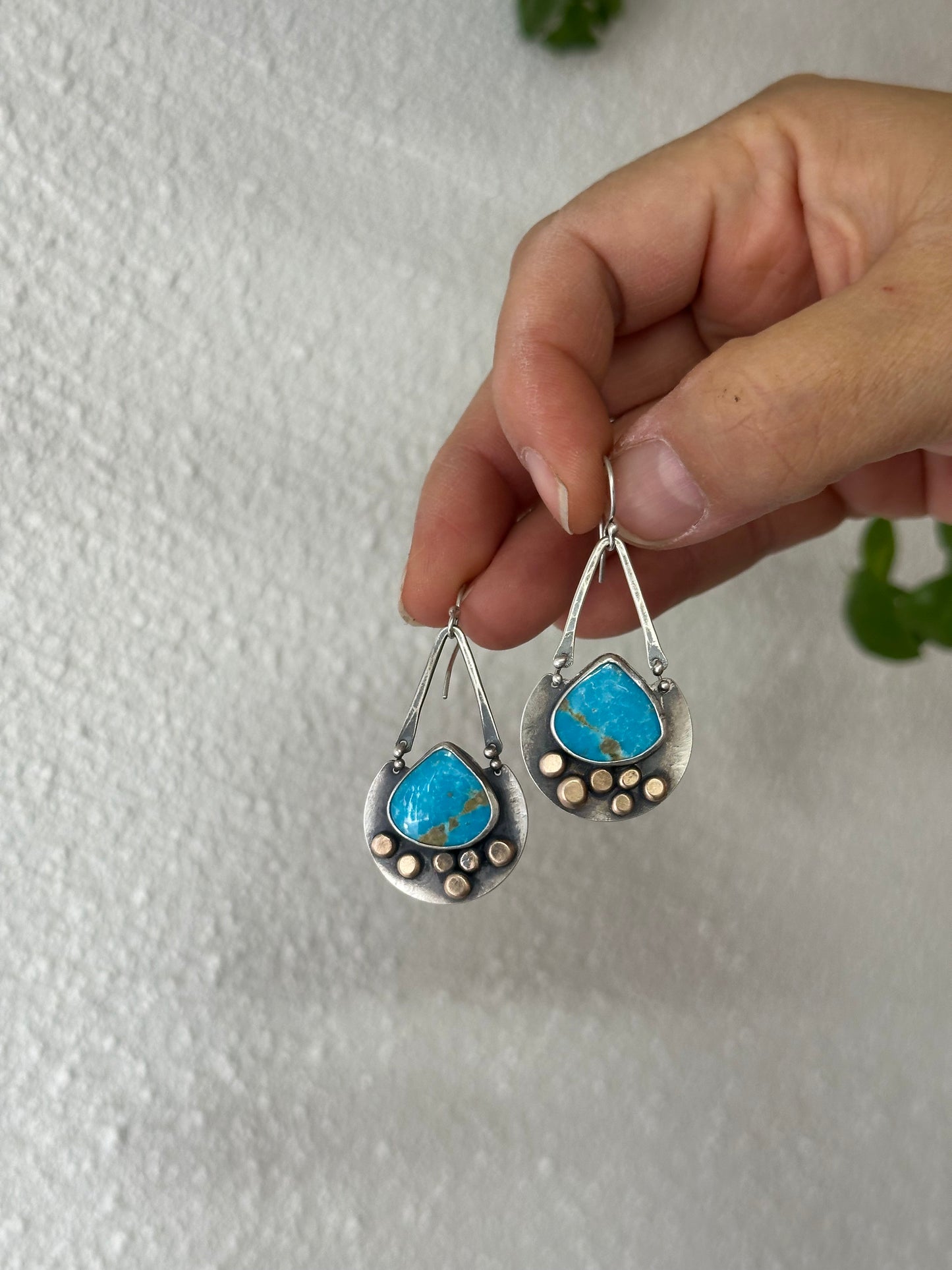 Blue Bird Turquoise ~ golden dots dangling earrings