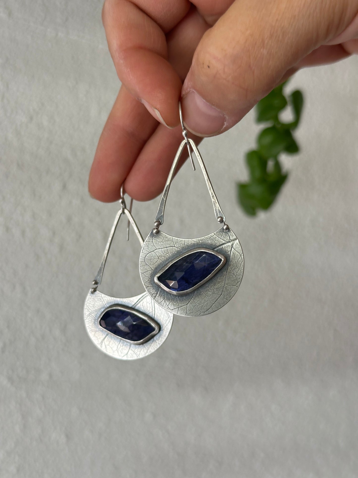 Leaf imprinted Silver earrings set with Tanzanite - Sterling Silver Earrings
