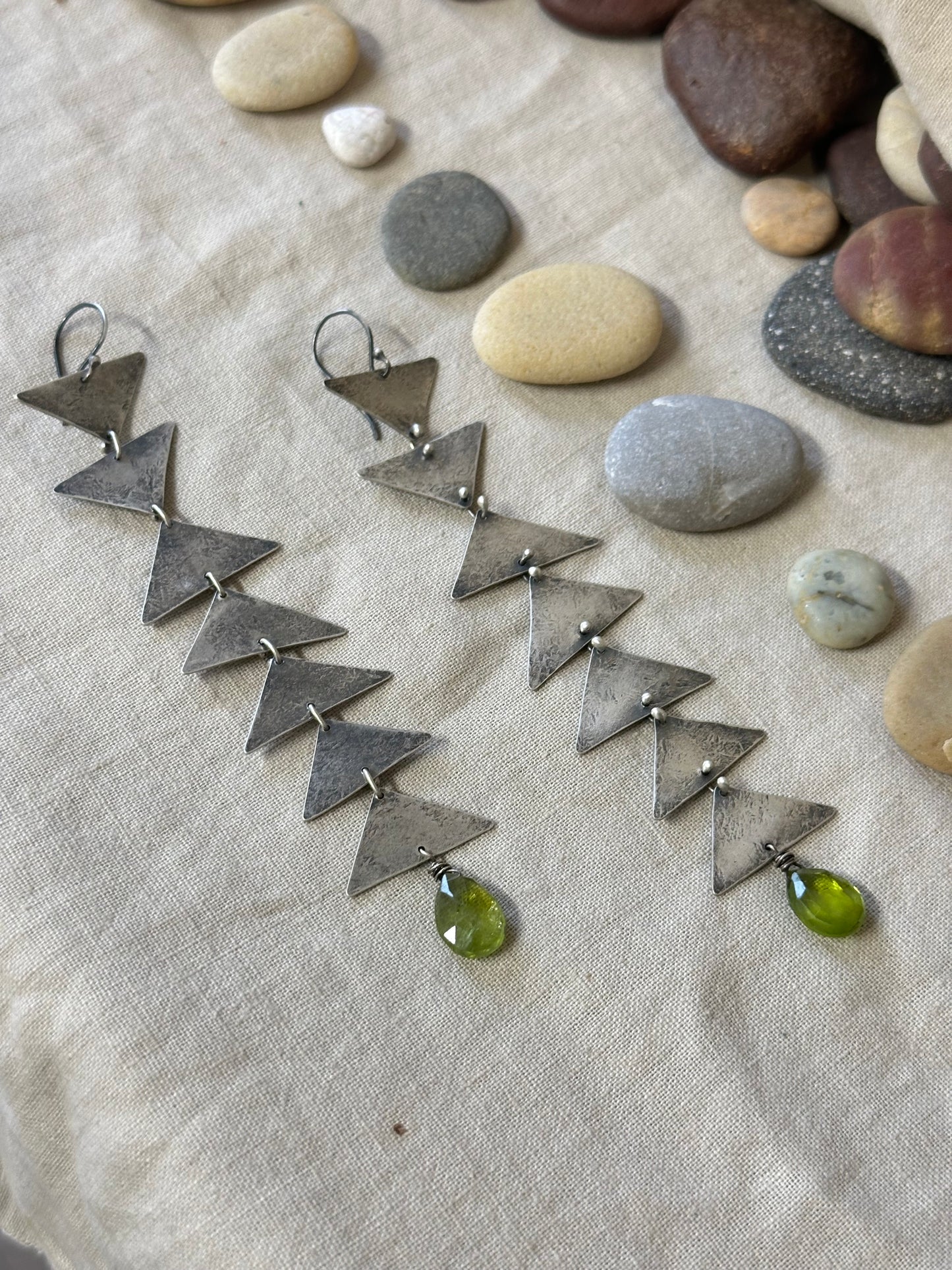 Peridot Triagle Connected dangle earrings - Brass