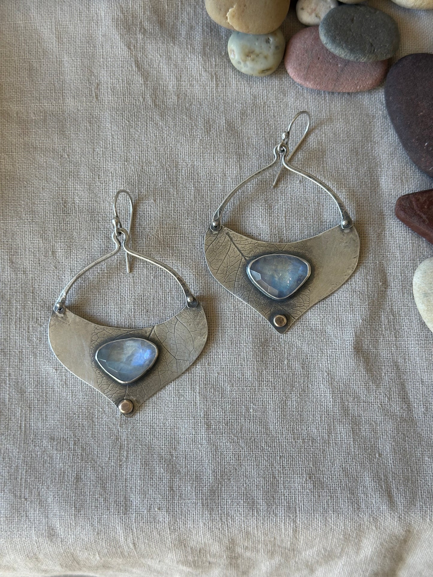 Rainbow Moonstone Aspen Leaf earrings - sterling silver