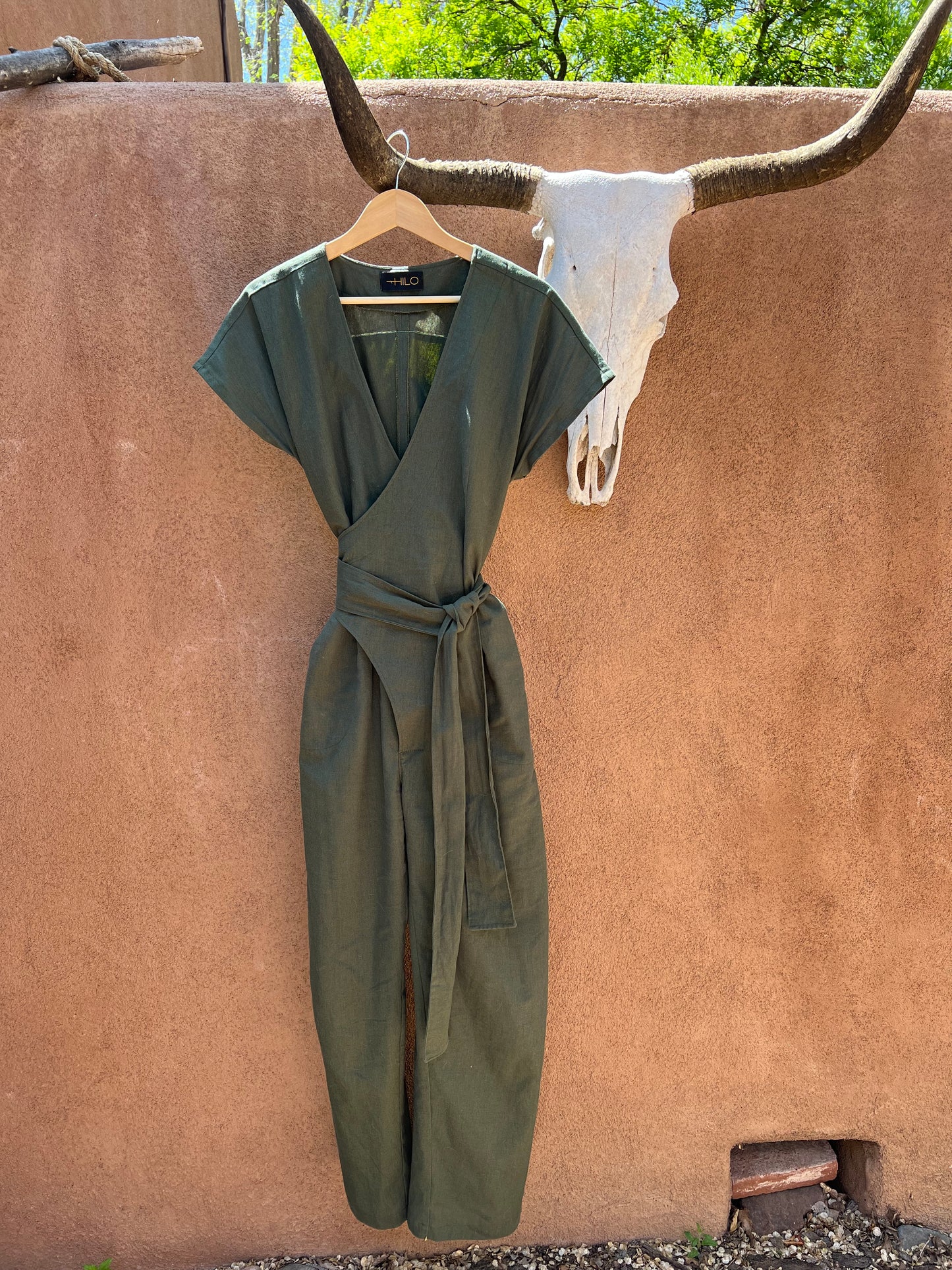 Wrap Jumpsuit- Green Linen- short sleeves