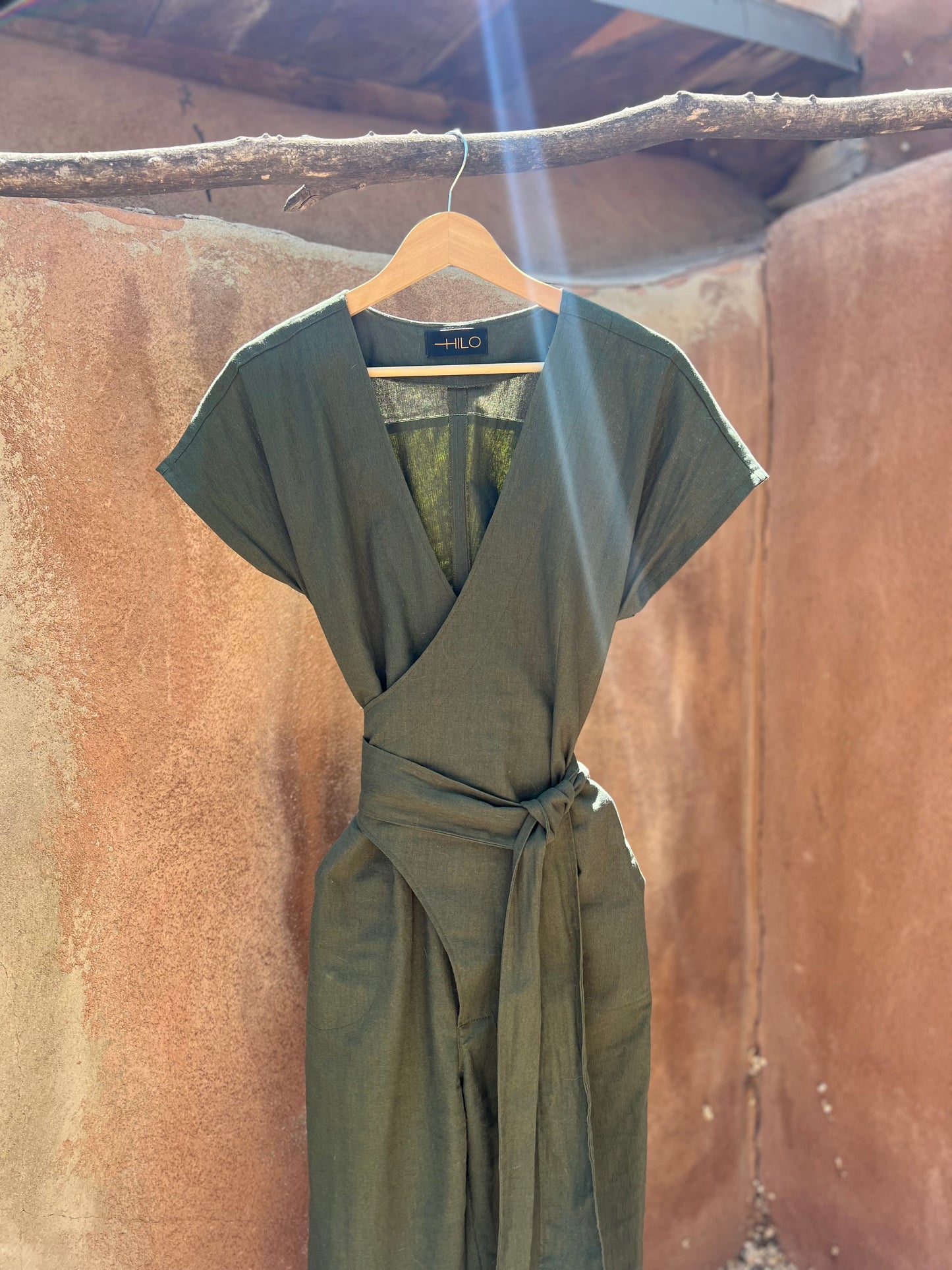 Wrap Jumpsuit- Green Linen- short sleeves