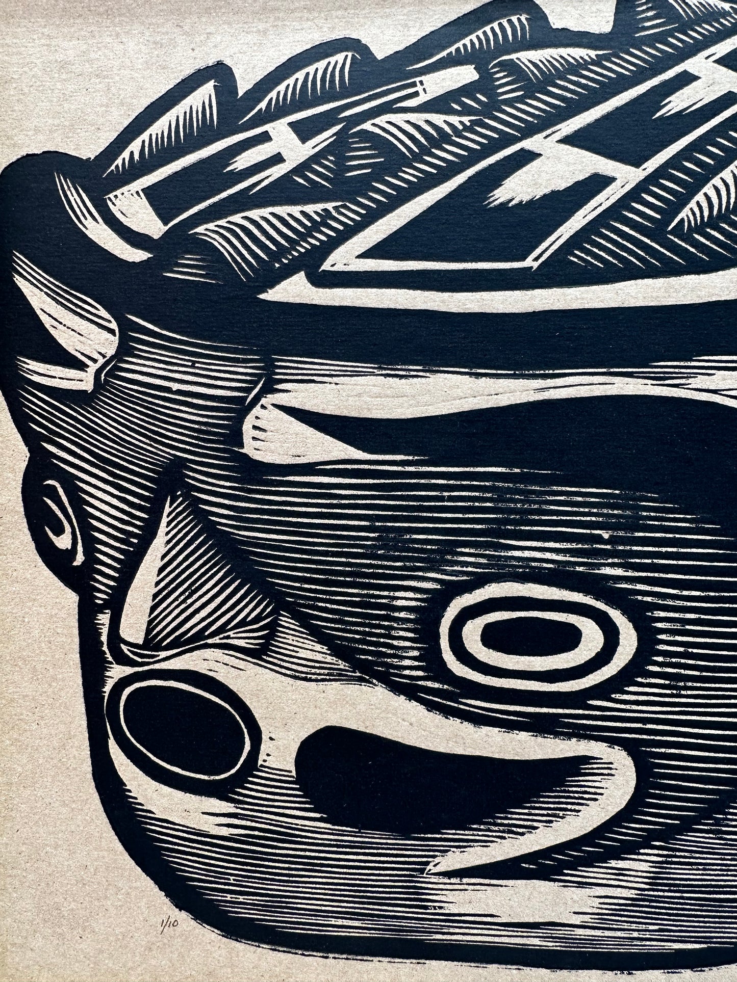 Primos Hermanos ~ mask 2 ~ linocut ~ 12 by 12 in
