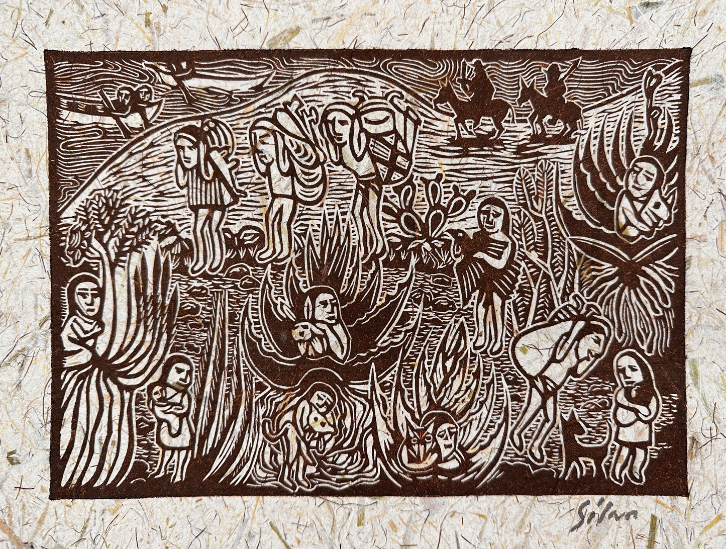 Lino Print ~ corn husk artisanal paper - 13” x 18”