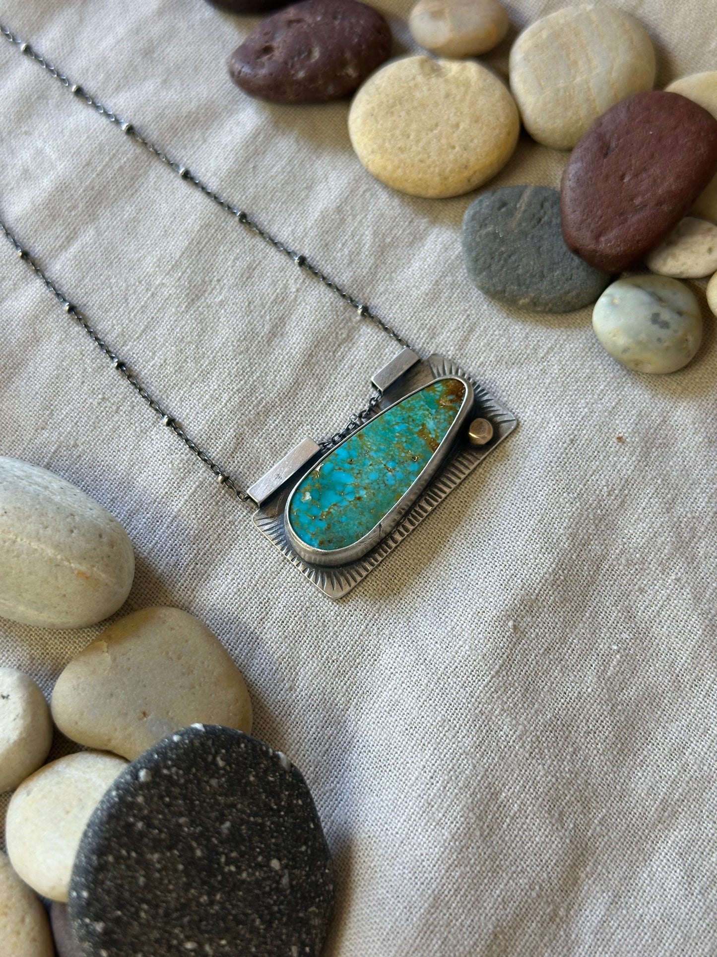 Statement Necklace ~ Kingman Turquoise Necklace ~ sterling silver & bronze dot