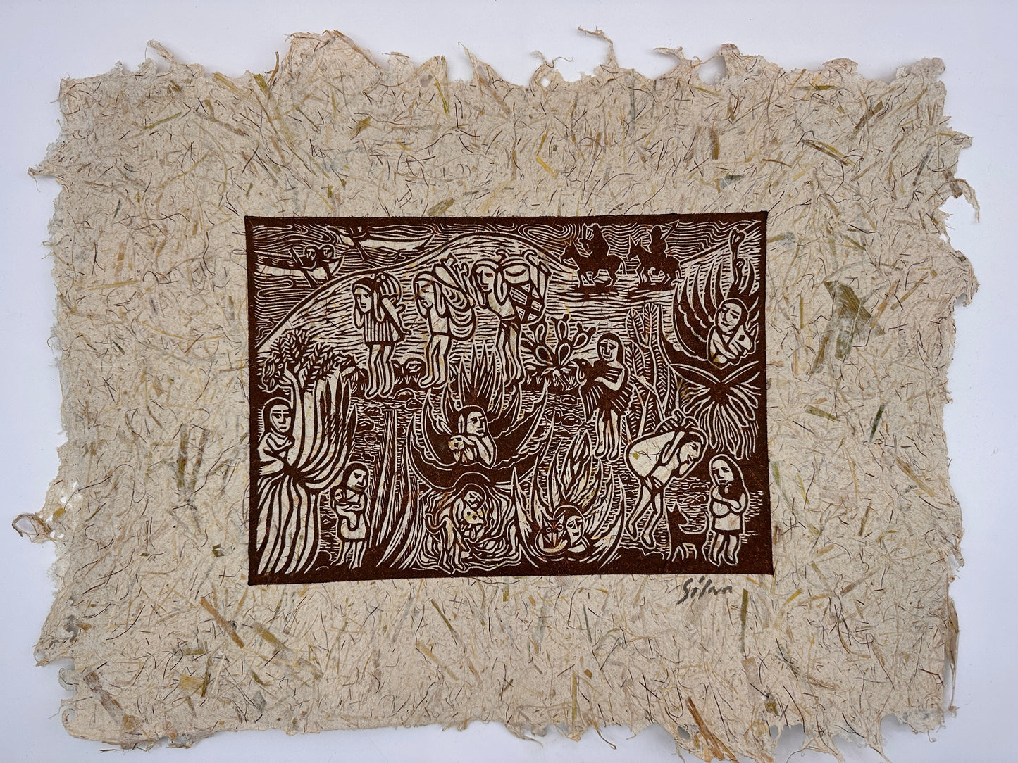 Lino Print ~ corn husk artisanal paper - 13” x 18”