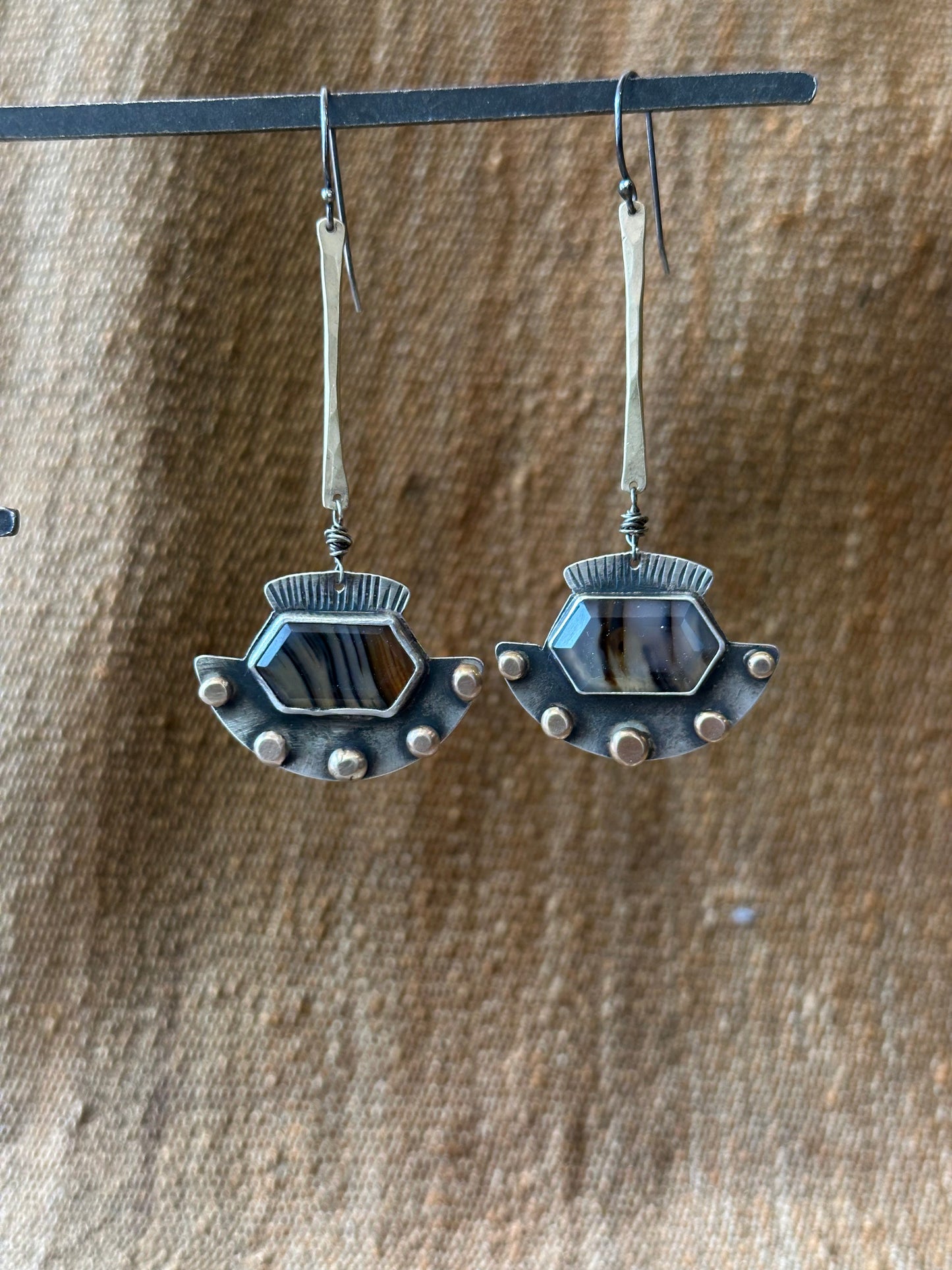 Montana Agate statement earrings - sterling silver and bronze