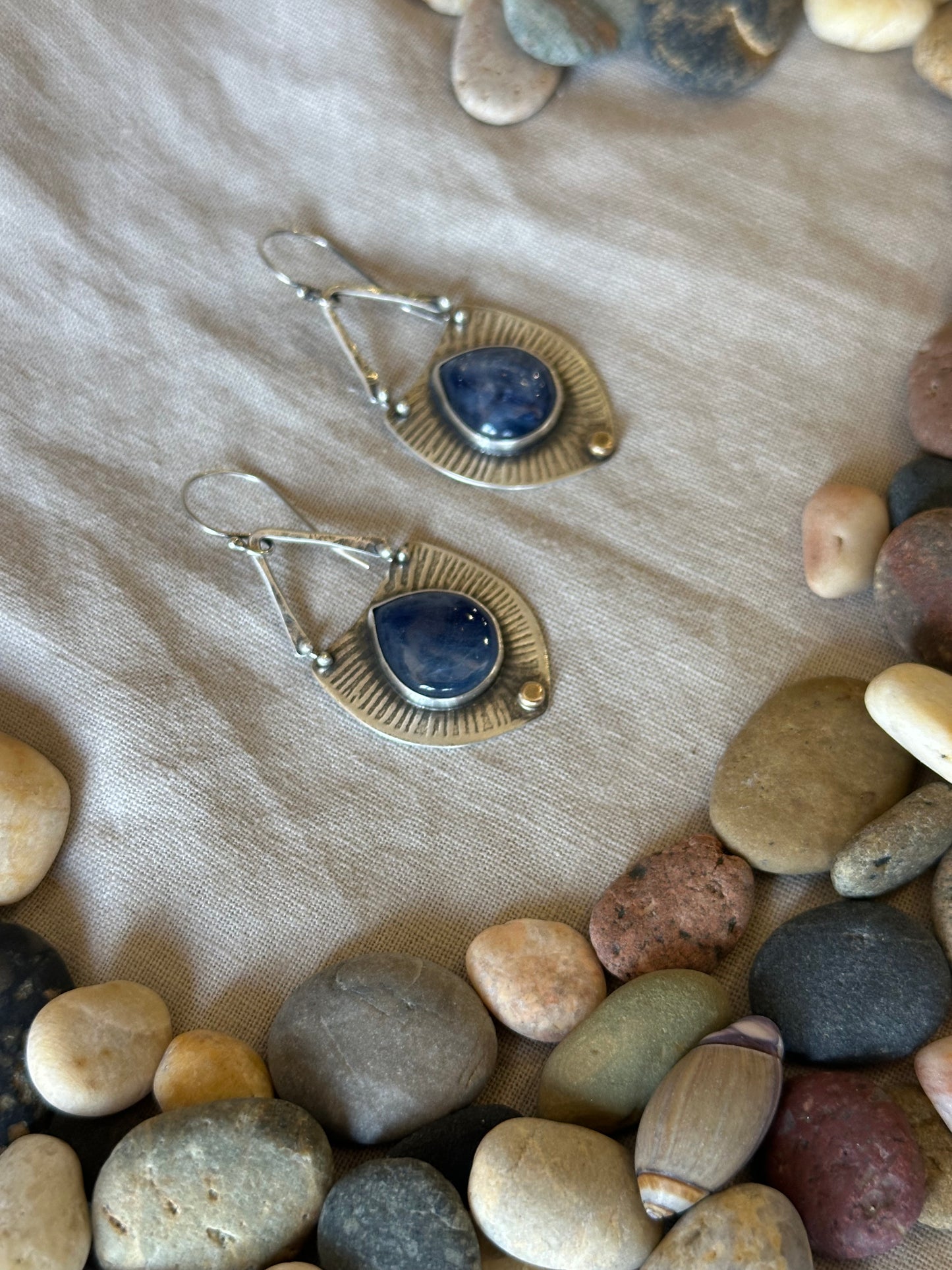 Blue Kyanite Statement Earrings - sterling silver and bronze dot
