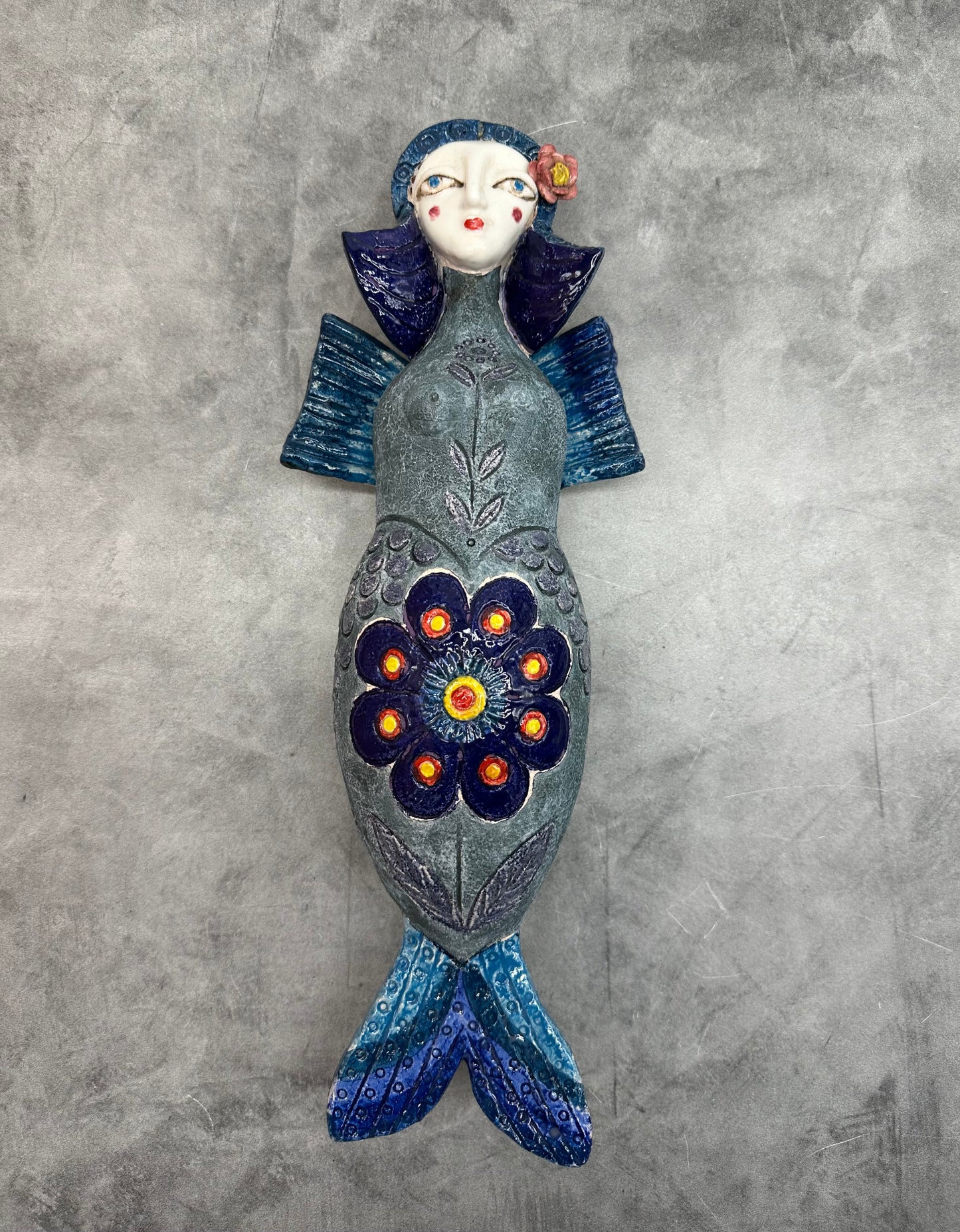 Blue Siren~ clay art wall sculpture