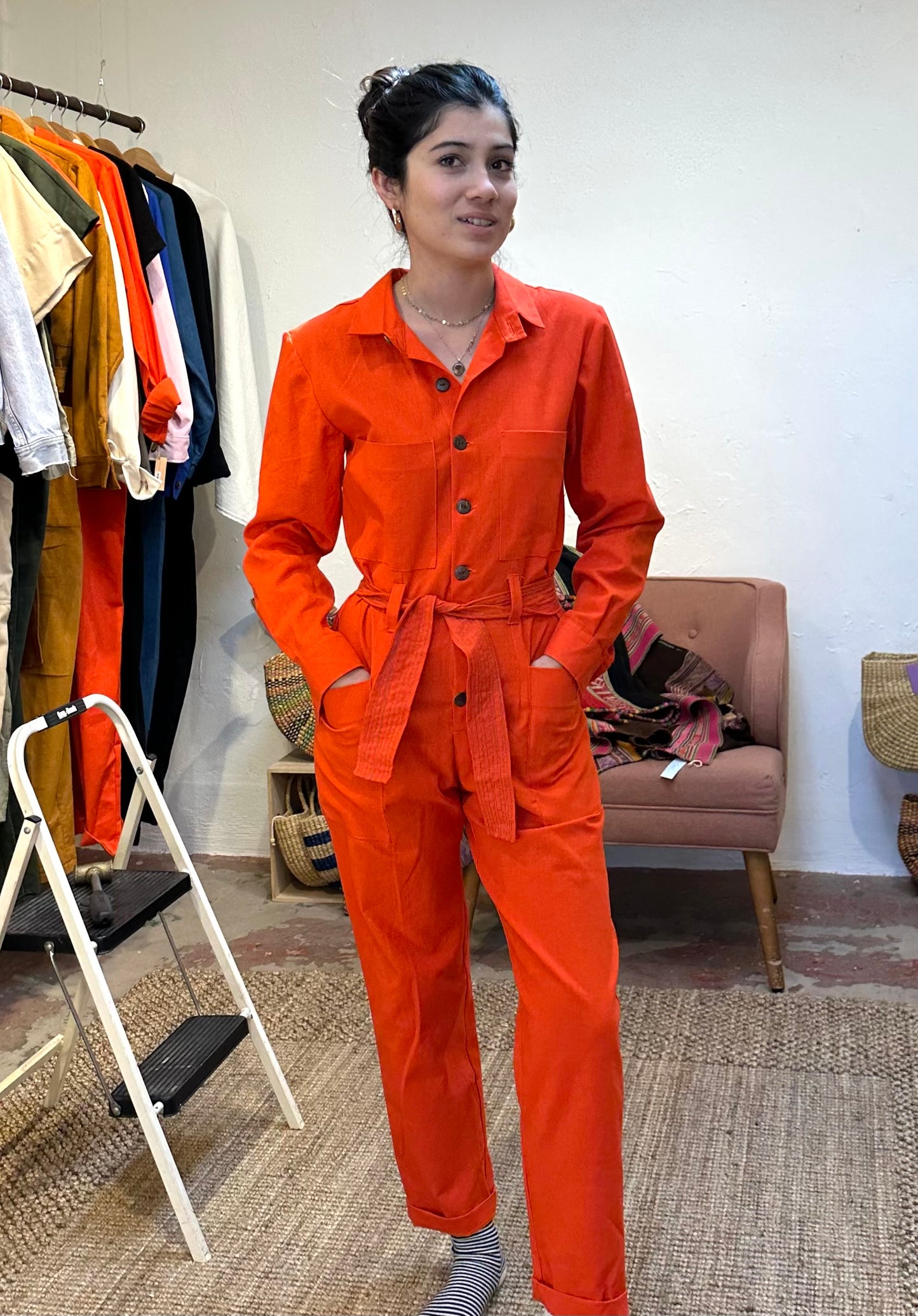 Jumpsuit Orange Linen - long sleeve - Small