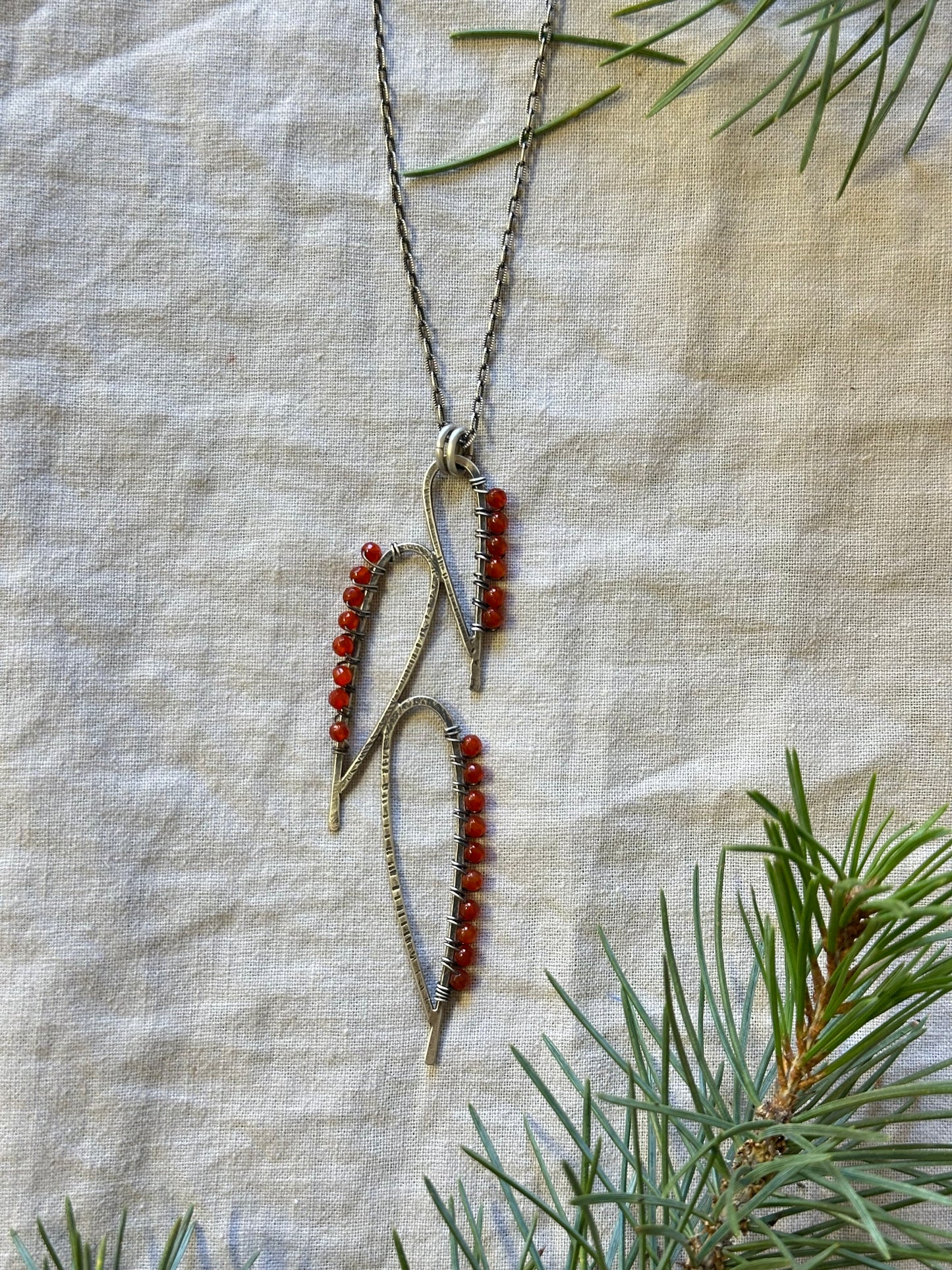 Leaves wrapped with Carnelian beads Pendant Necklace - Long necklace