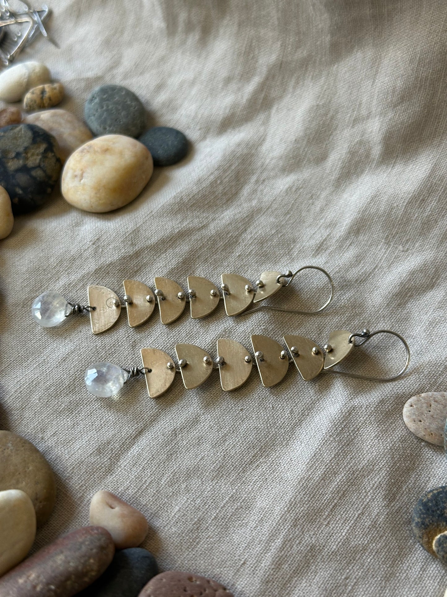 Rainbow Moonstone Connected Lunar earrings - Brass & Sterling Silver