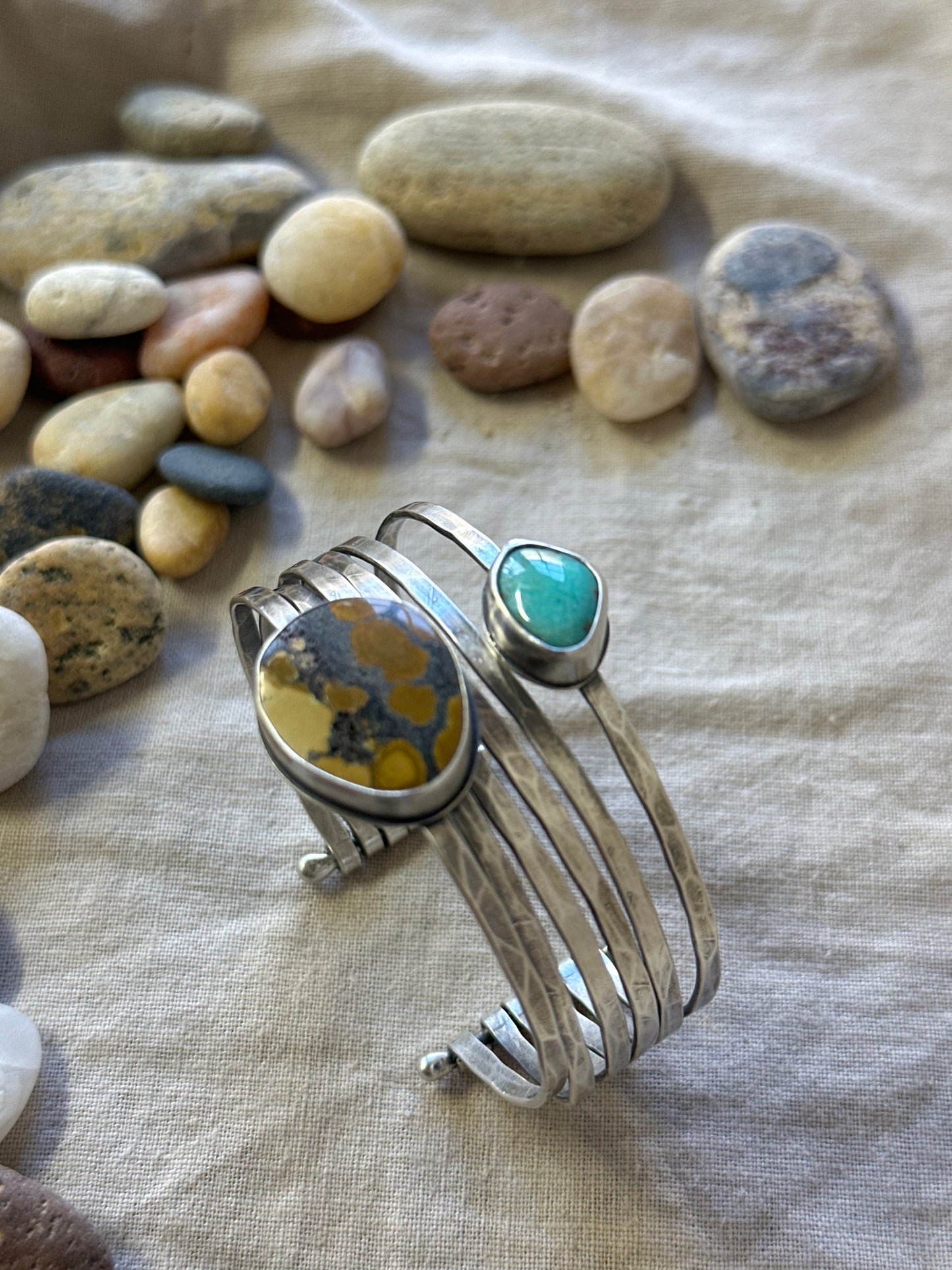 Stacked - Attached Bracelet - Royston and Hubei Turquoise ~ Cuff with Movement - ready to ship