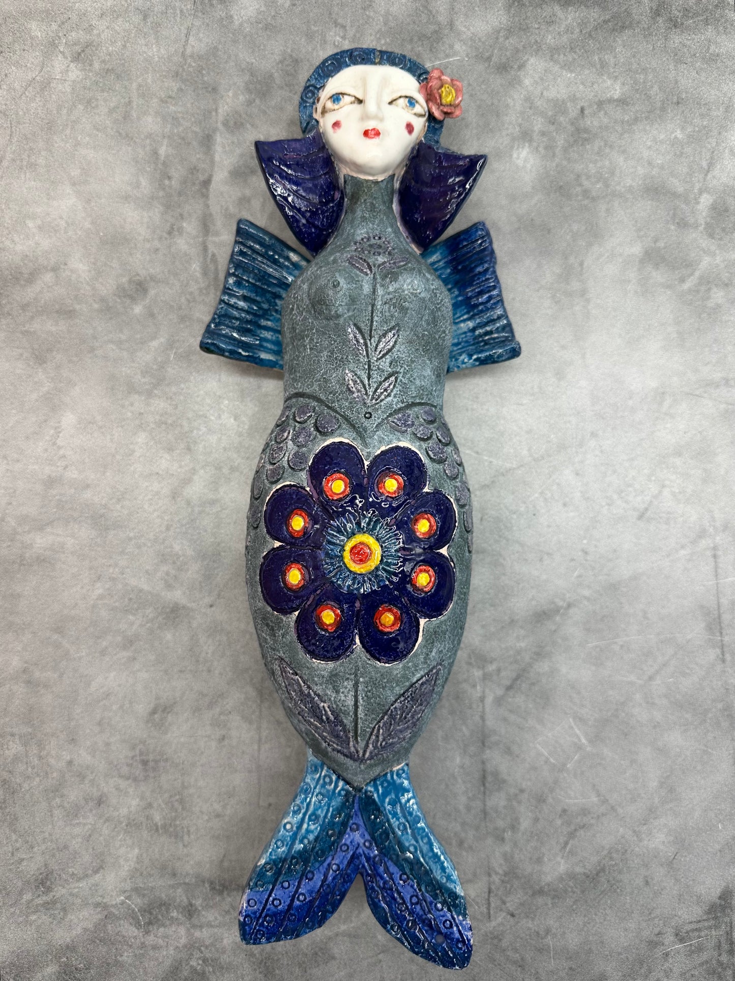 Blue Siren~ clay art wall sculpture