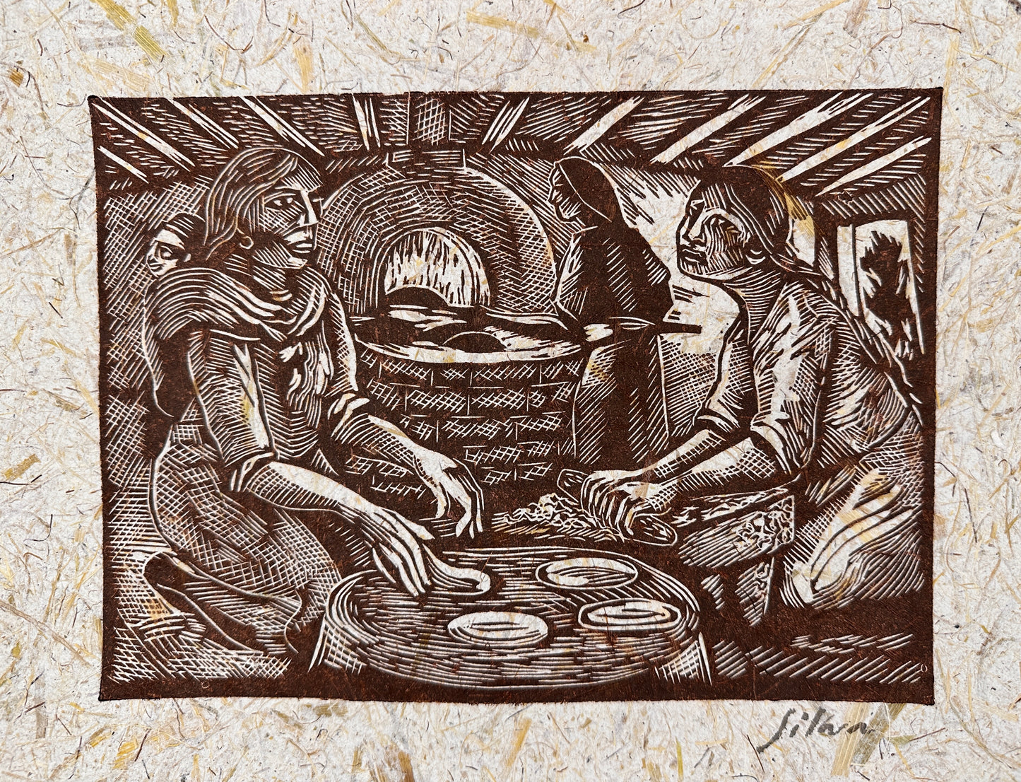 Lino Print ~ corn husk artisanal paper - 13” x 18”