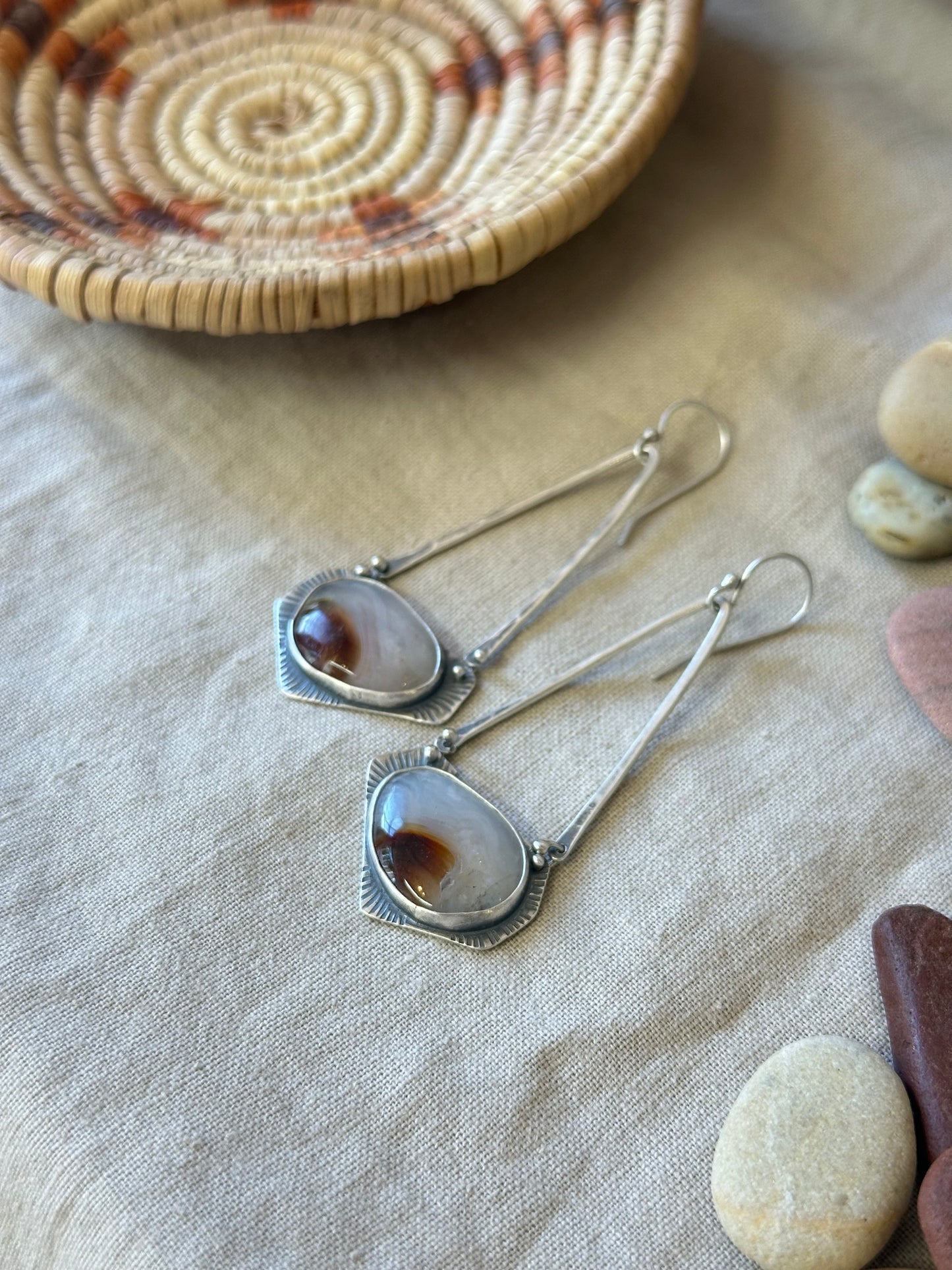 Mexican Agate Geometric dangle earrings - Sterling Silver