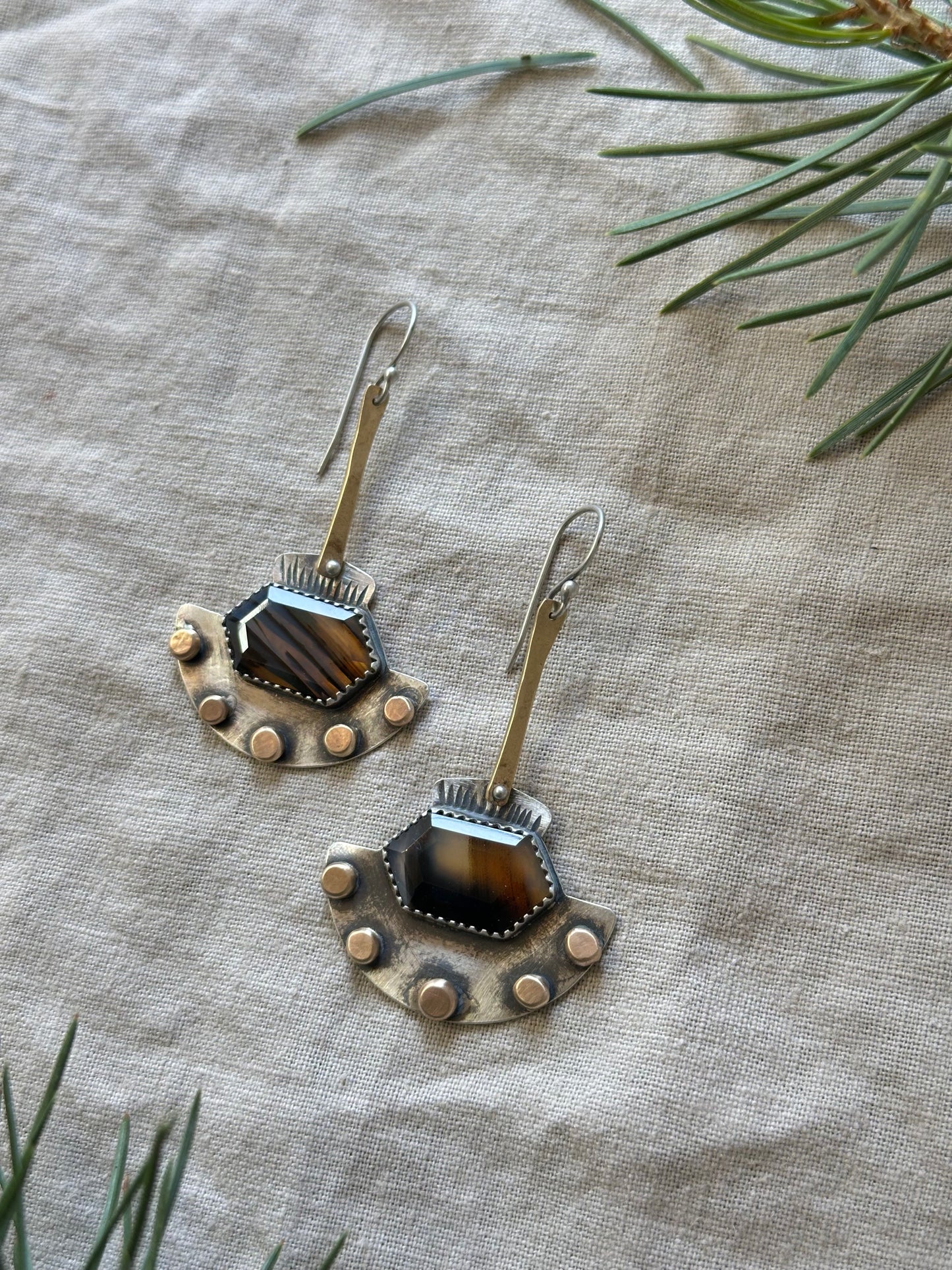 Montana Agate statement earrings - sterling silver and bronze