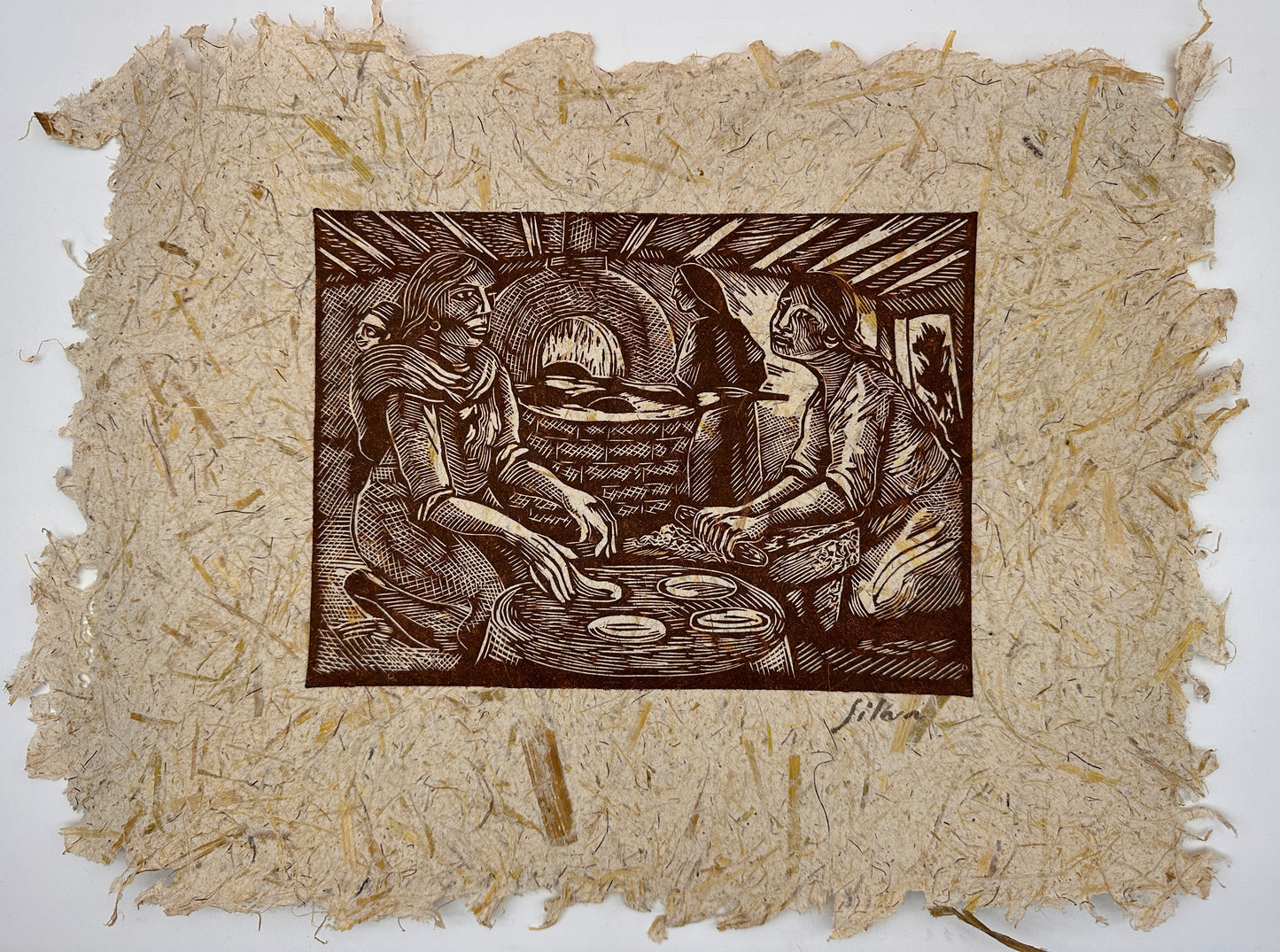 Lino Print ~ corn husk artisanal paper - 13” x 18”