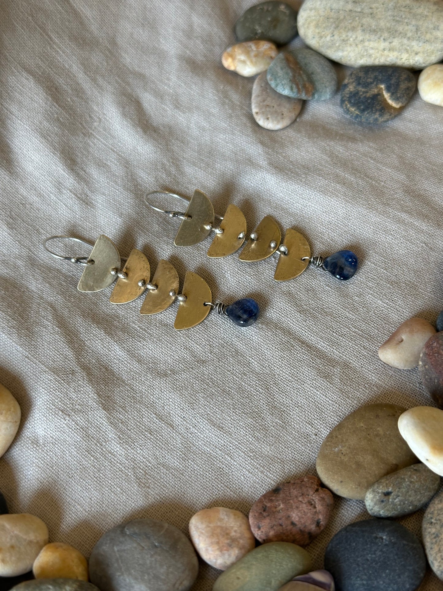 Blue Kyanite Connected Lunar earrings - Brass & Sterling Silver