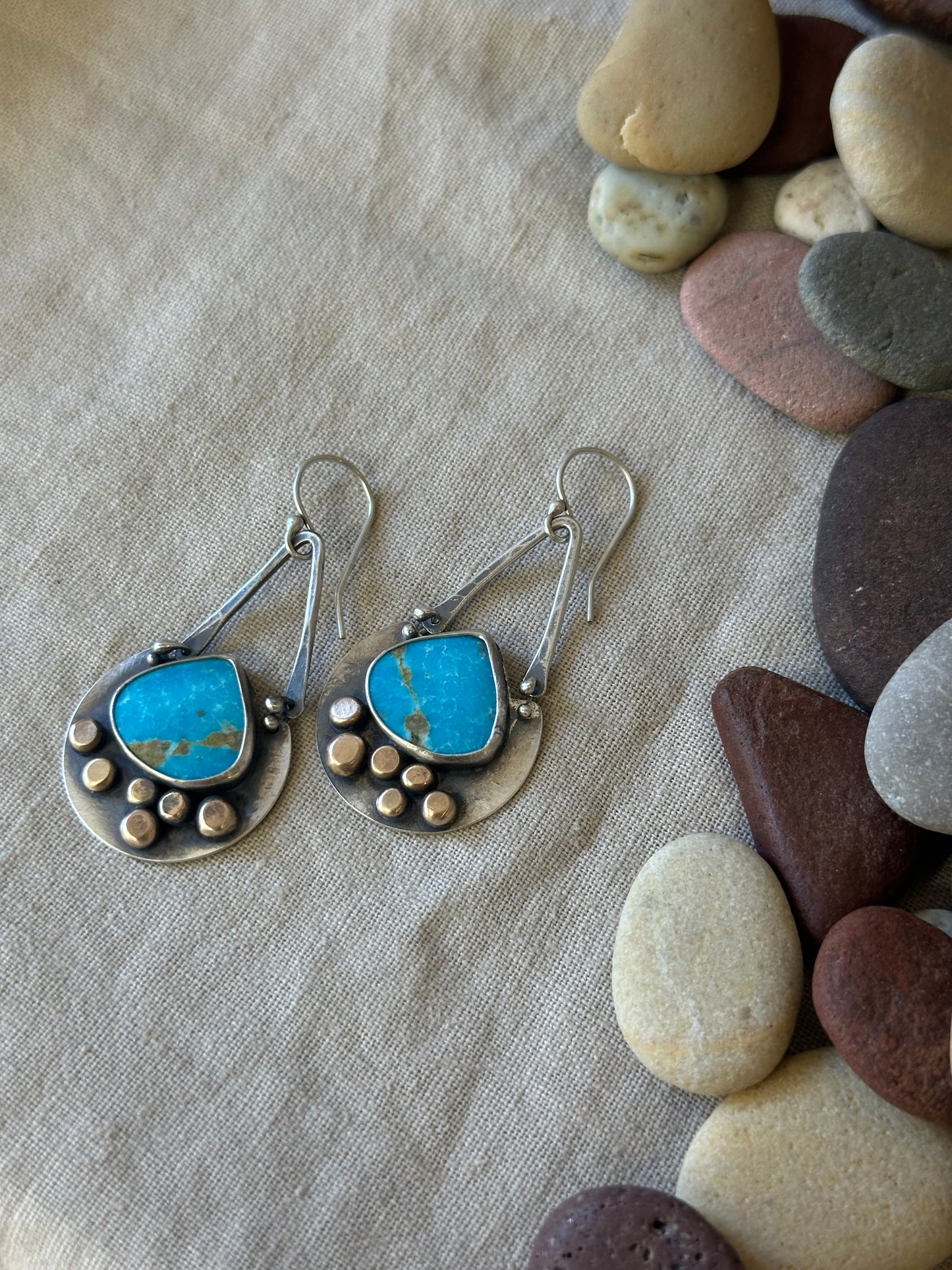Blue Bird Turquoise ~ golden dots dangling earrings