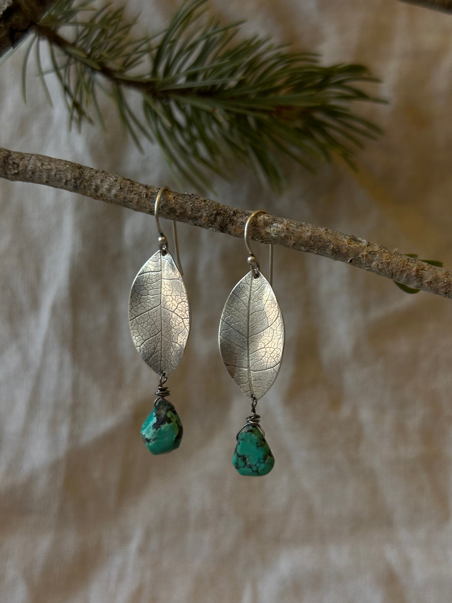 sterling silver leaf earrings ~ turquoise and Sterling silver