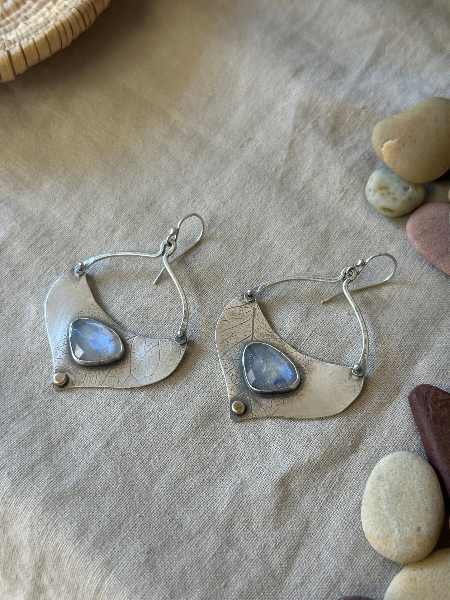 Rainbow Moonstone Aspen Leaf earrings - sterling silver