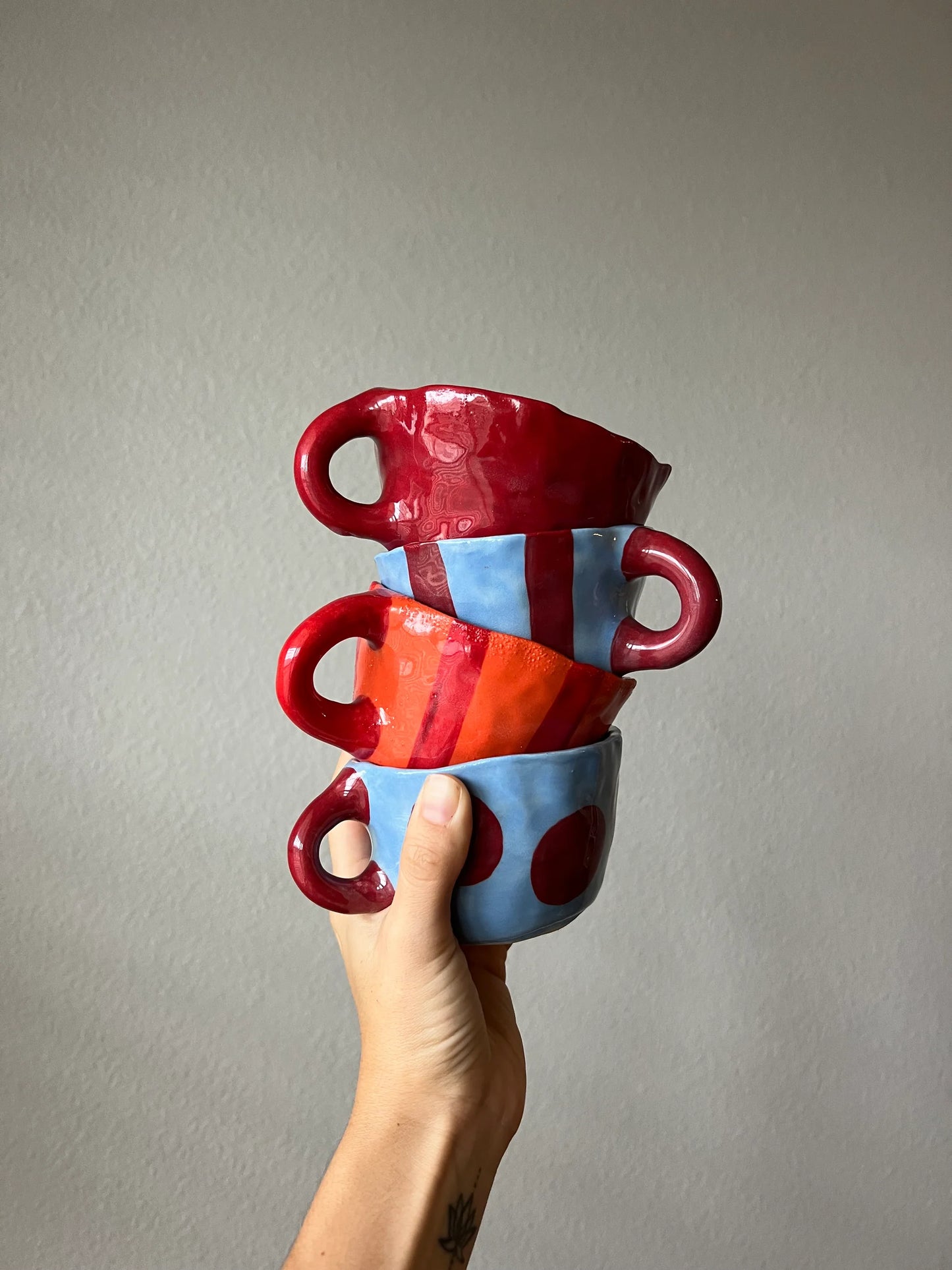 Rounded Mugs ~ Pinched Porcelain ~ blue & red