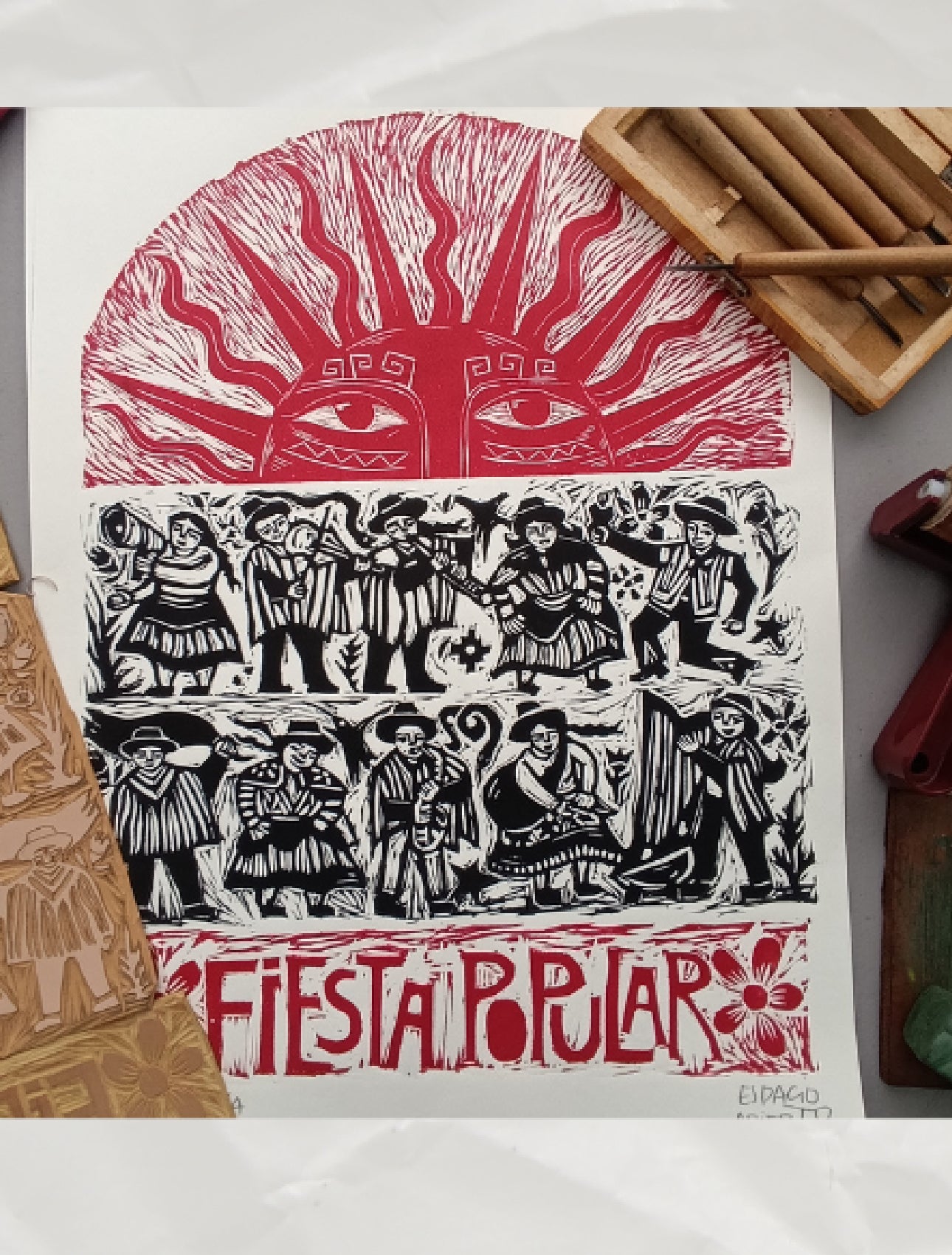 Fiesta Popular ~ Linocut Print - 19.75” x 13.75”