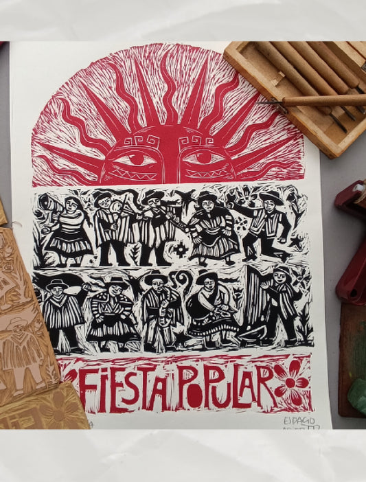 Fiesta Popular ~ Linocut Print - 19.75” x 13.75”