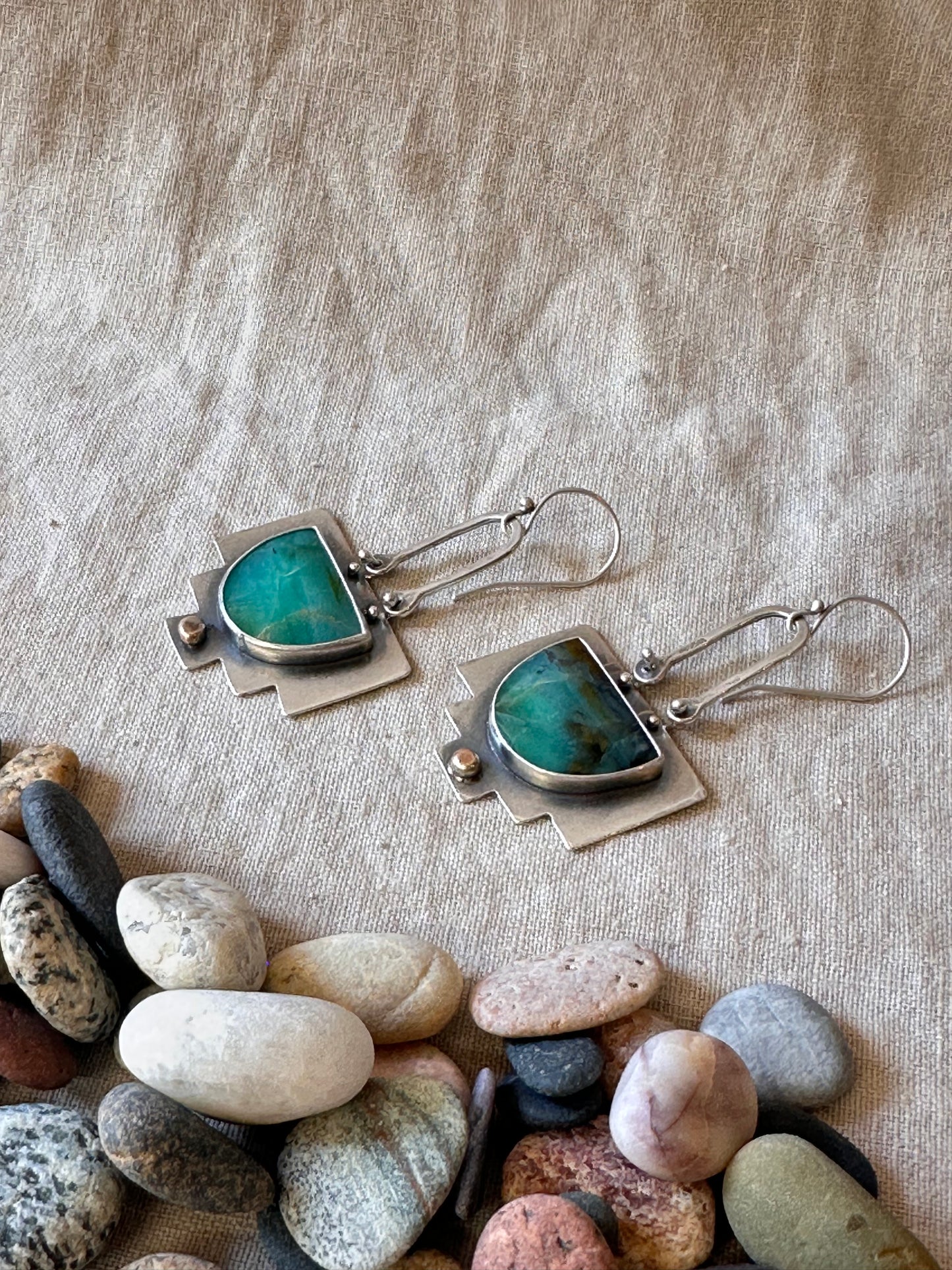 Fossil Opal Wood Shield Earrings - Sterling Silver