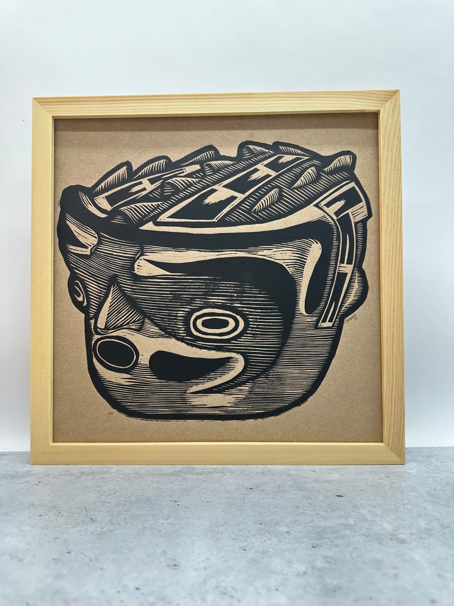 Primos Hermanos ~ mask 2 ~ linocut ~ 12 by 12 in