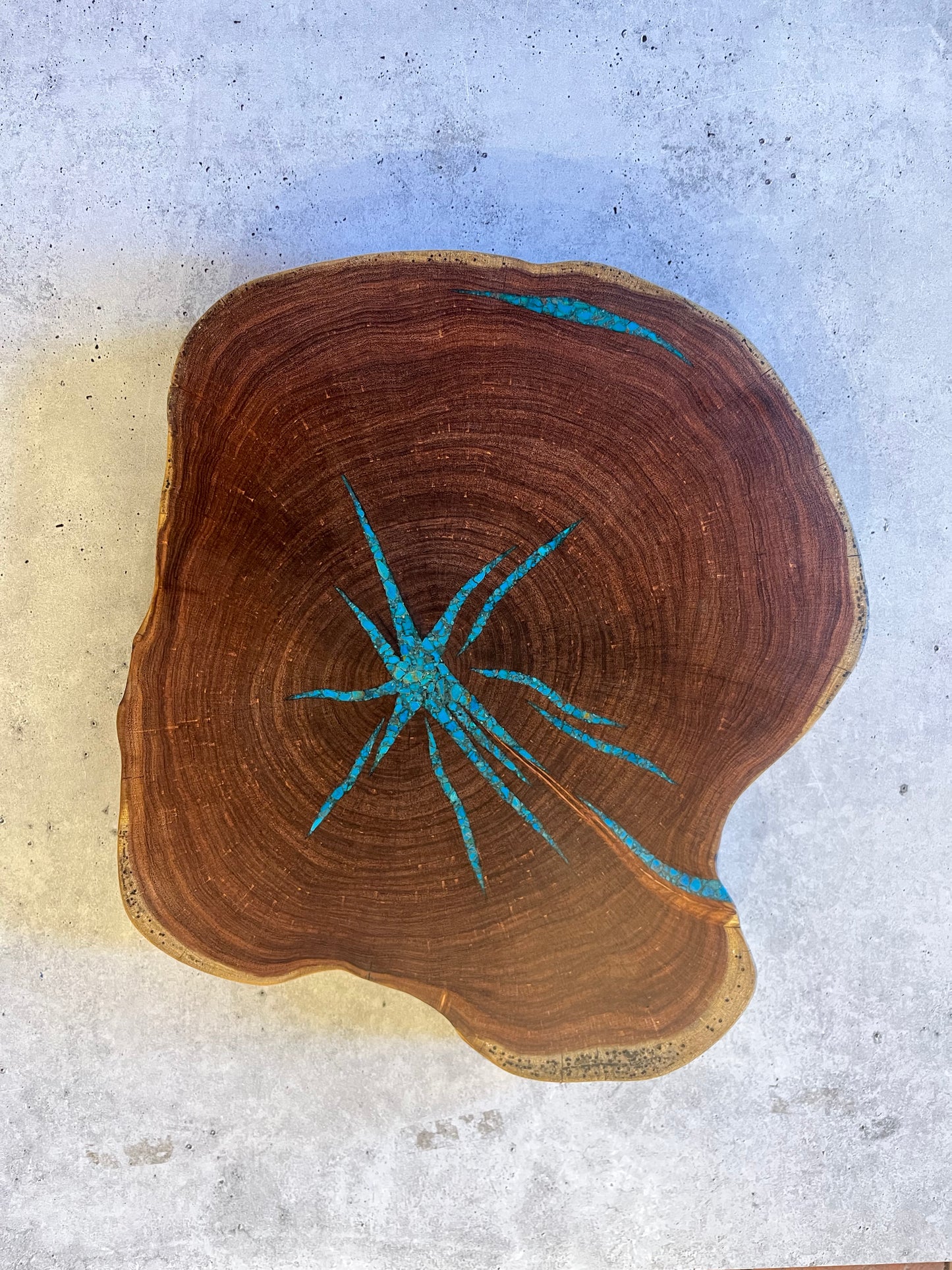 Thick charcuterie board inlaid with Kingman Turquoise