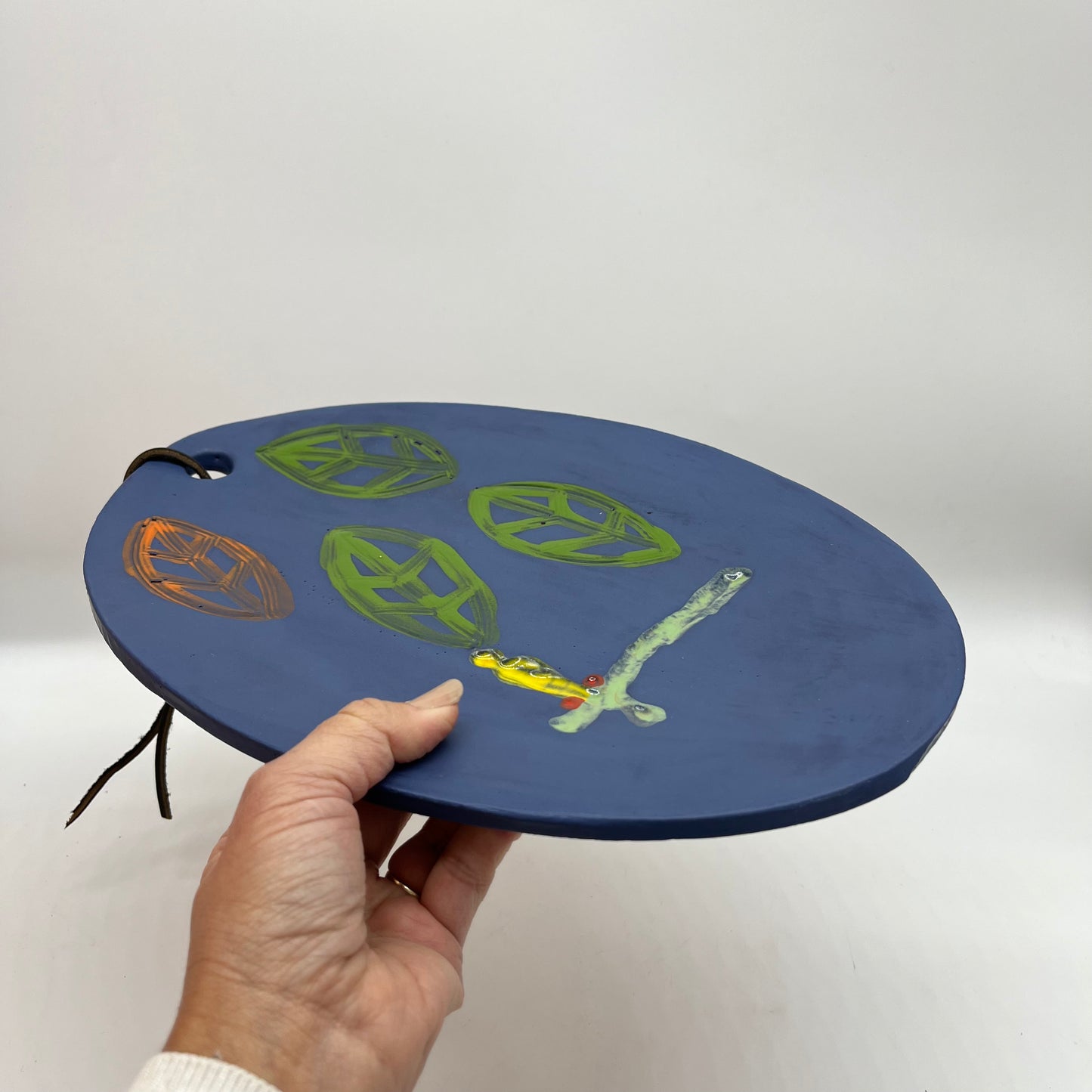 Oval Platter with Handle - Matte Blue & bitanical designs