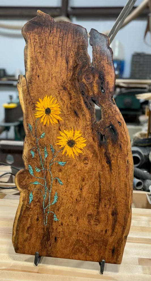 Velvet mesquite charcuterie board with Sunflower Inlay