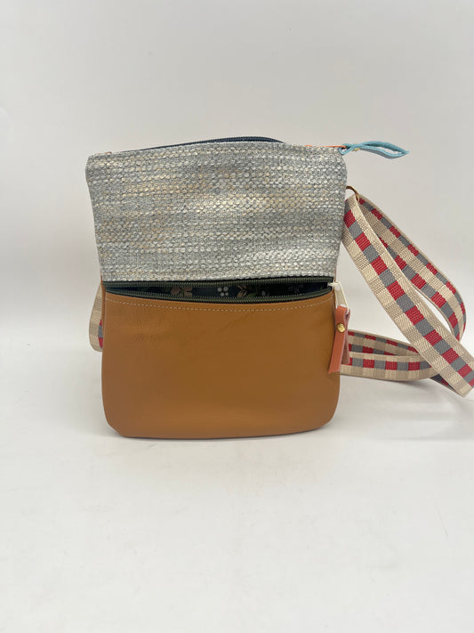Crossbody Phone Bag ~ upcycled fabric and brown leather ~ double zip