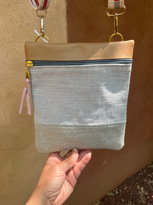 Crossbody Phone Bag ~ fabric and brown leather ~ double zip