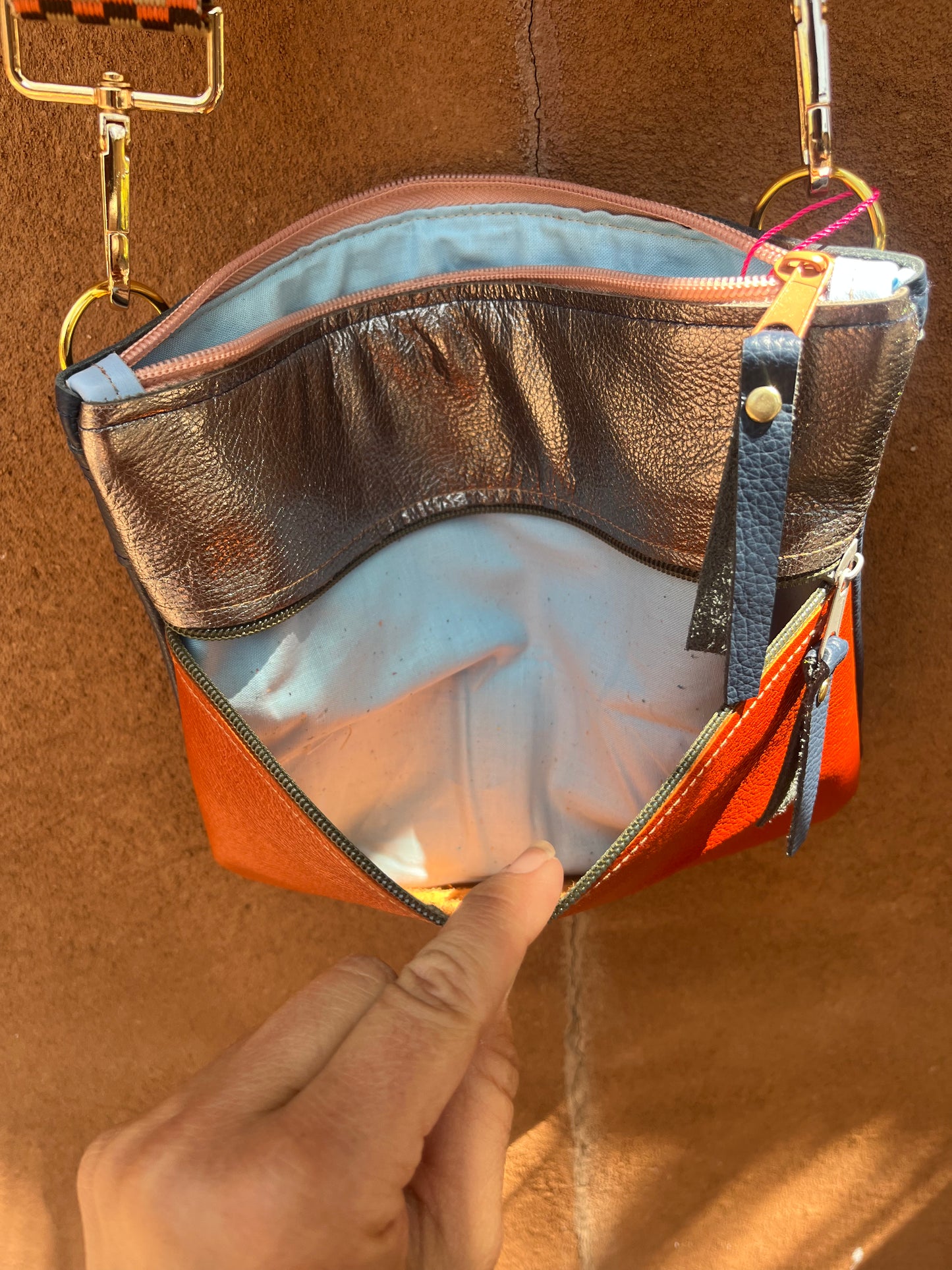 Crossbody Bag ~ pewter and terracotta leather ~ double zip