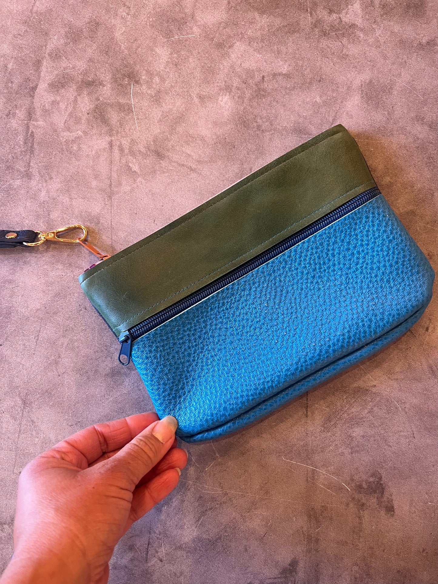 Leather wristlet double zip - color block