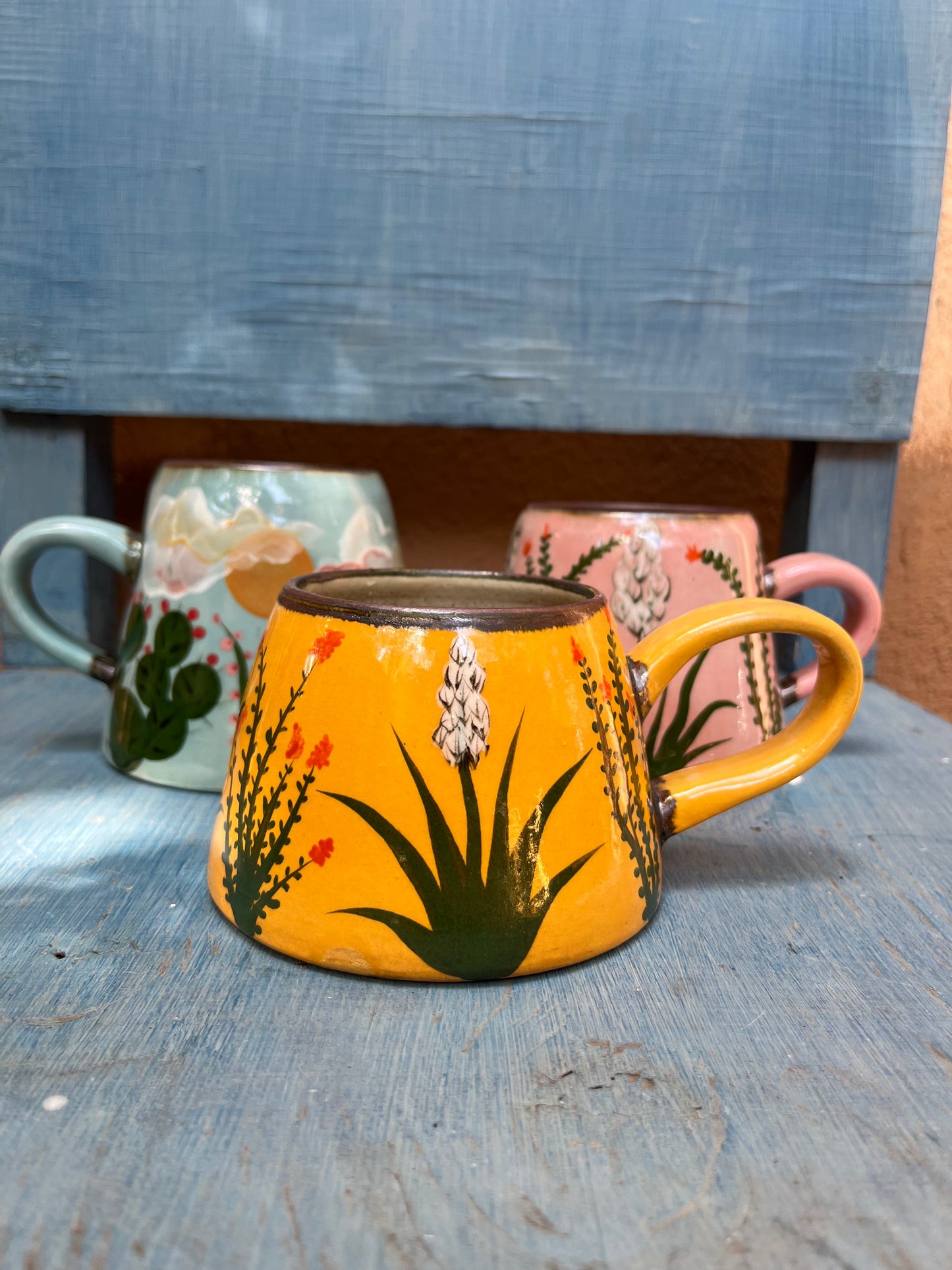 Stoneware mugs ~ hanpainted Yucca and cholla~ 3 colors