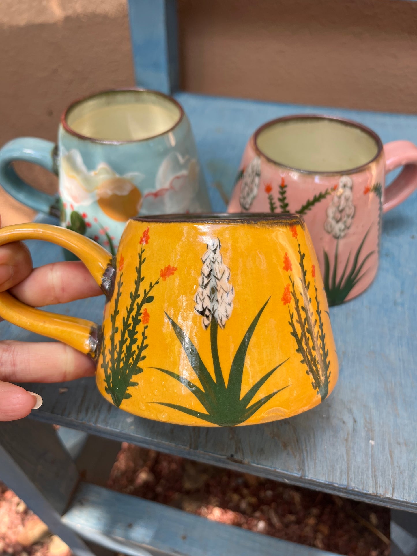 Stoneware mugs ~ hanpainted Yucca and cholla~ 3 colors