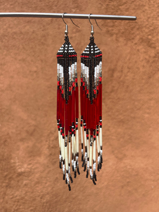 Beaded Fringe Earrings ~ Red and Black ~ porcupine quills