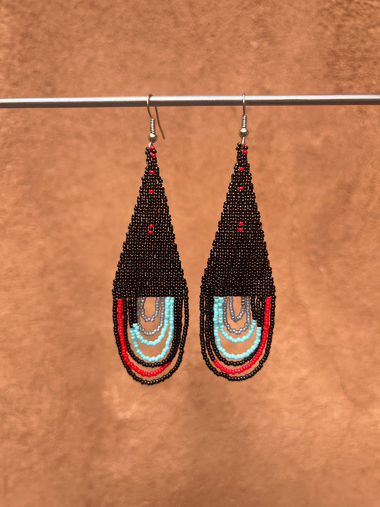 Beaded Fringe Earrings ~ black, red and turquoise