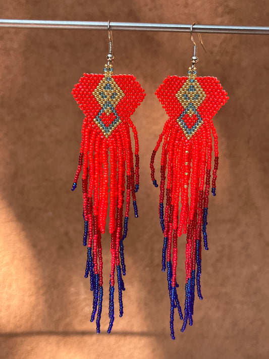 Beaded Fringe Earrings ~ red and blue